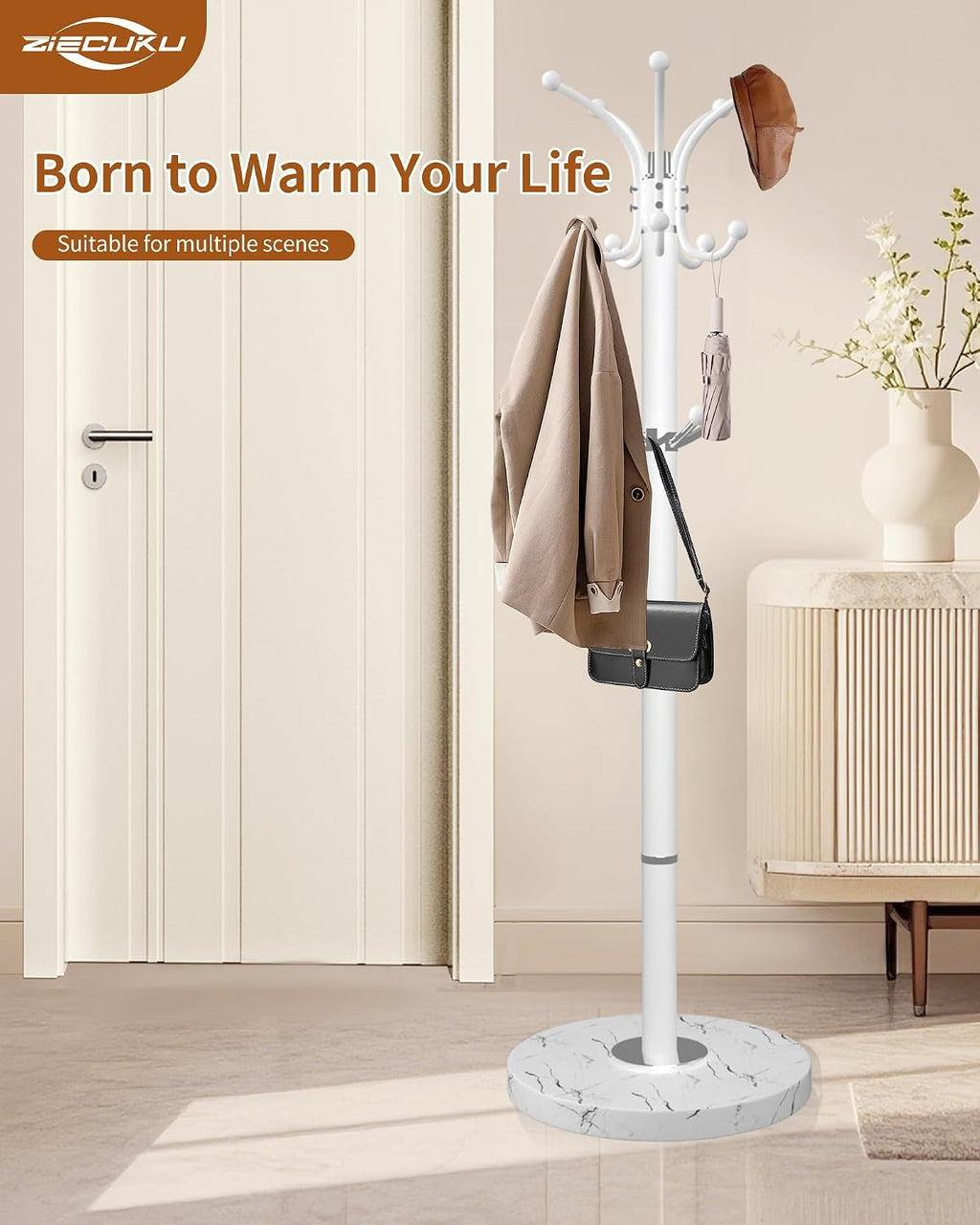 Metal Coat Rack with Natural Marble Base,360°Rotary Coat Rack Stand with 14 Hooks,Modern Freestanging Coat Racks,White Coat Jacket Hanger Clothes Tree Stand for Entryway,Corner