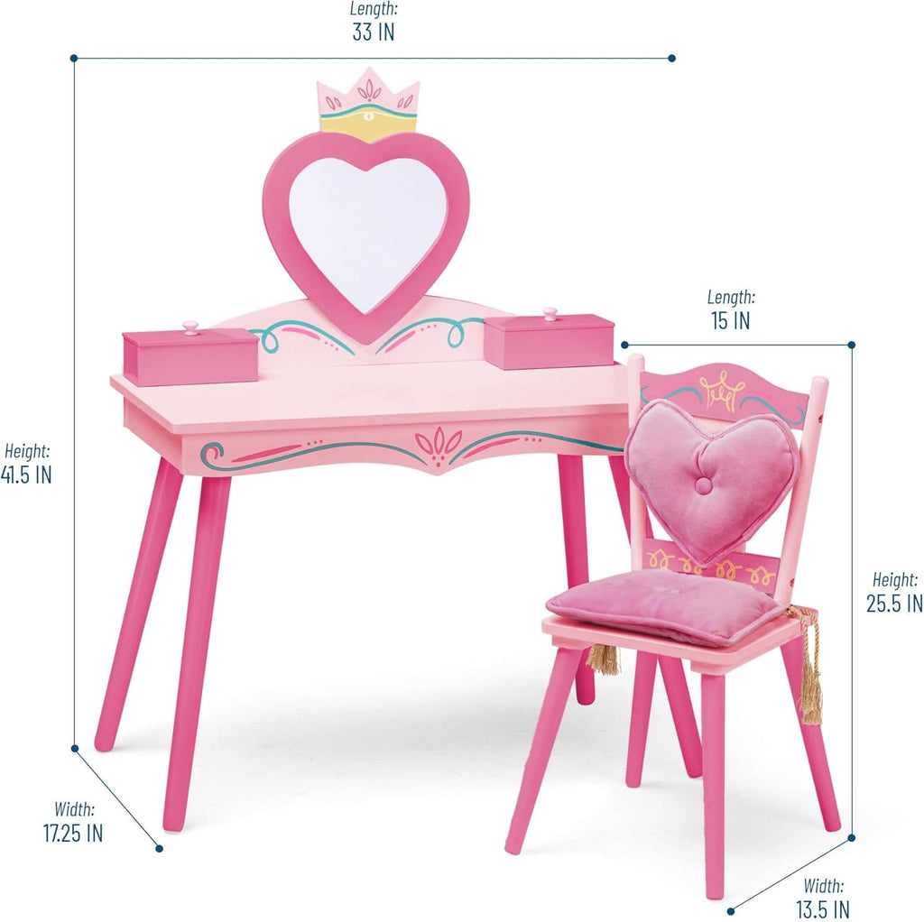 Wildkin Kids Princess Vanity & Chair Set – Wooden Vanity for Girls with Mirror, Jewelry Box & Music Box, with Removable Cushioned Chair - Pink