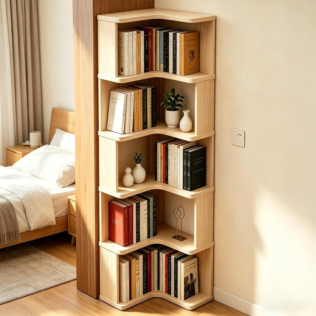 Corner Book Shelf, 6-Shelf Corner Bookcase with Baffle, Wooden Bookshelf with Open Storage, L Shaped Shelves for Small Spaces, Living Room, Home Office, Bedroom, Kitchen, Natural (6-Tier-1)