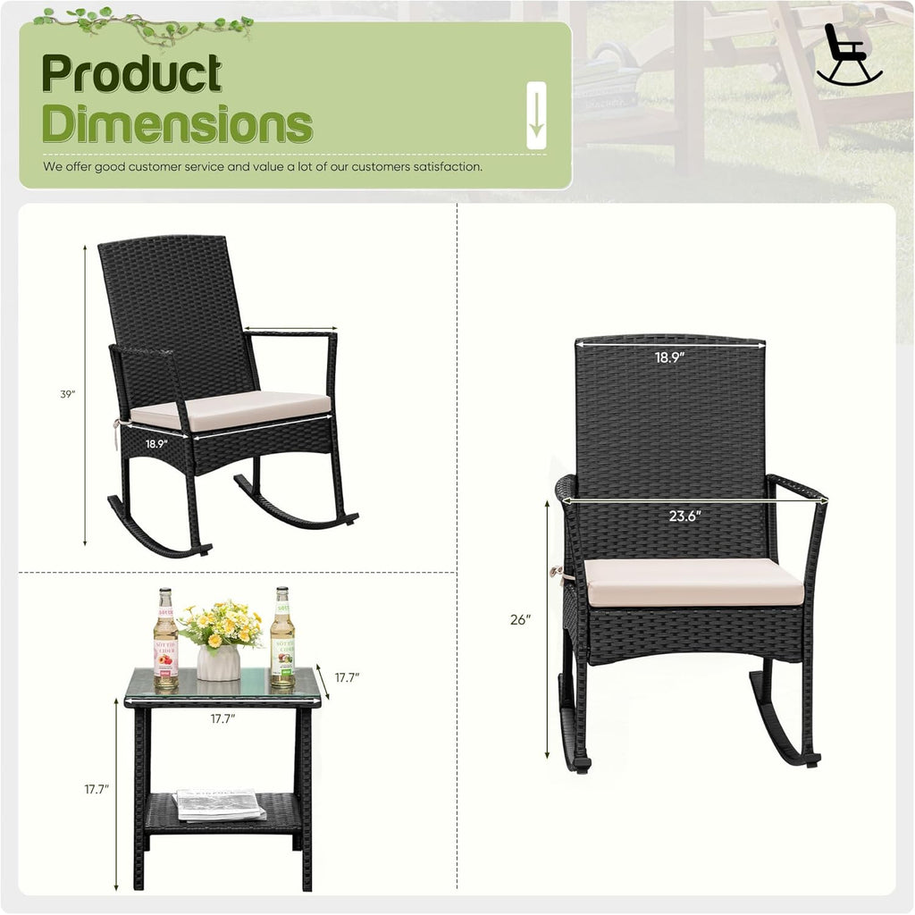 Flamaker Rocking Chair Outdoor PE Rattan Patio Chairs with Glass Table High Back Porch Rocker for Balcony, Garden, Backyard (Beige)