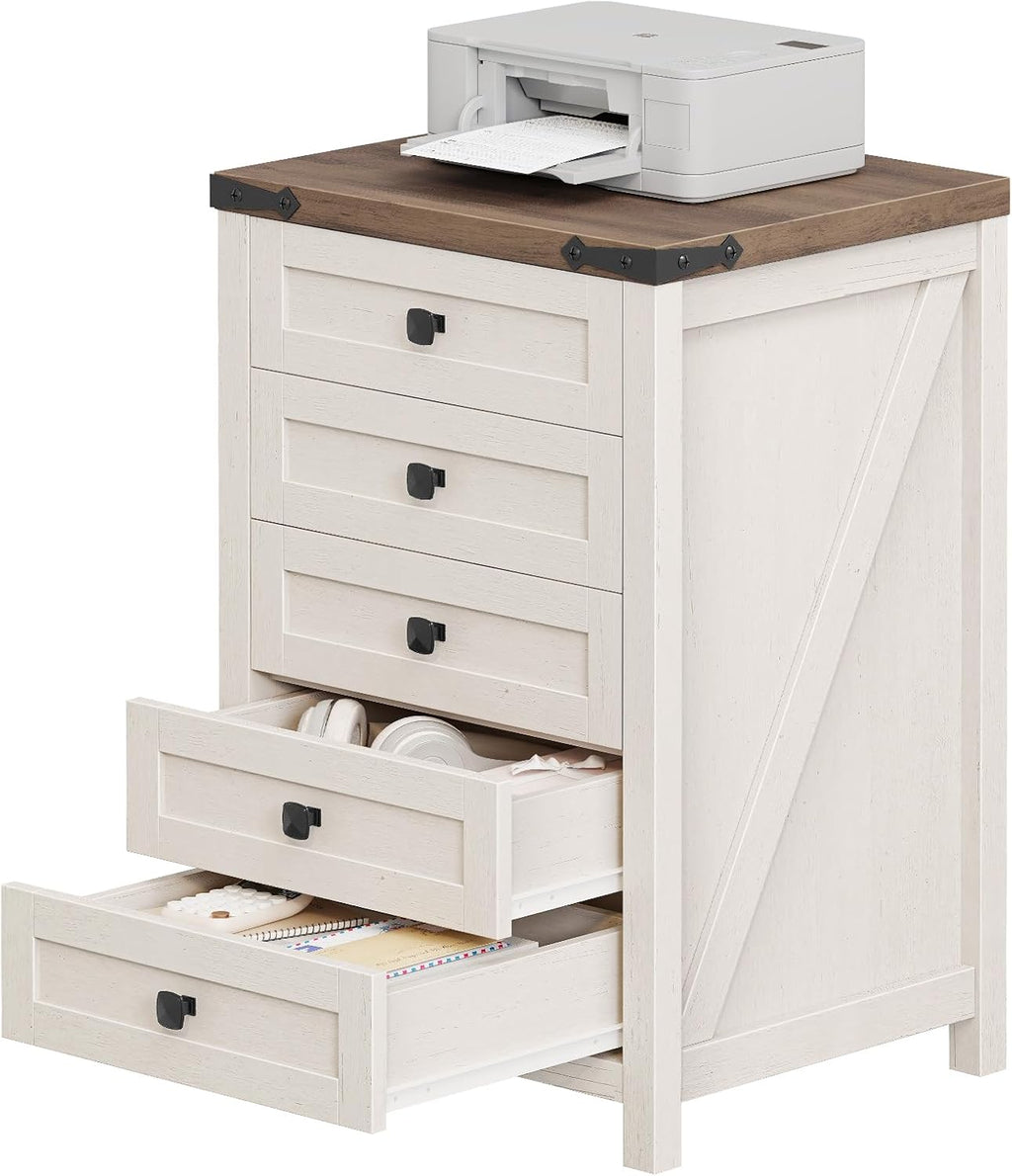 Halitaa 5 Drawer Storage Cabinet, Office Storage Cabinet with 5 Drawers, Small Farmhouse Printer Stand for Home Office, Rustic White and Brown