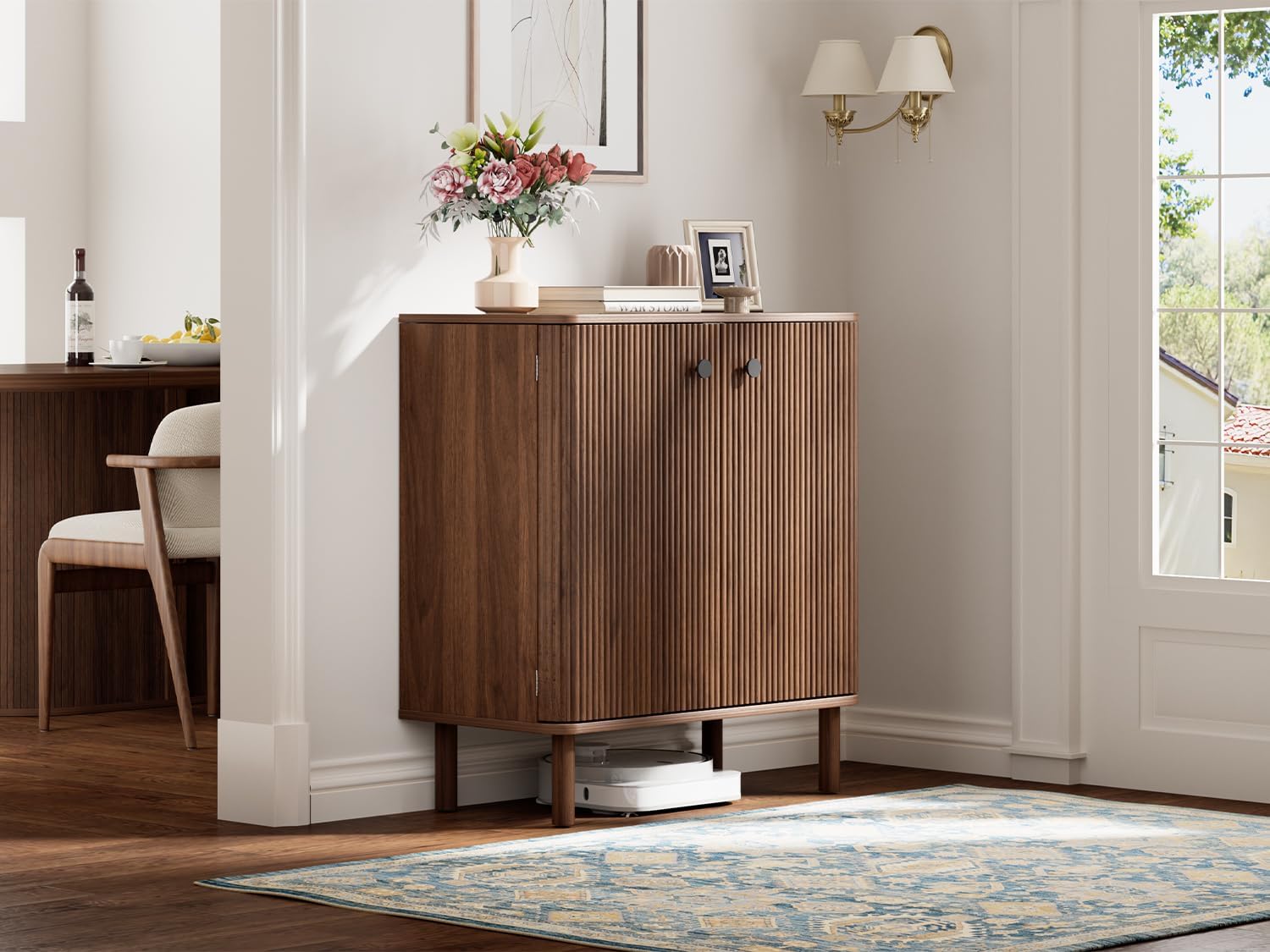 Fluted Sideboard Cabinet, Modern Buffet Cabinet, Small Storage Cabinet with Adjustable Shelves & Wood Legs, Accent Credenza Sideboard for Kitchen, Coffee Bar, Living Room, Entryway, Hallway