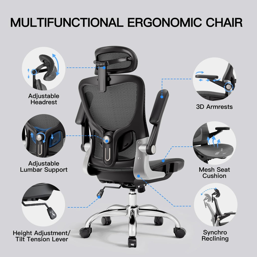 marrap Ergonomic Office Chair, Mesh Desk Chair with 3D Armrests, Adjustable Lumbar Support and Headrest, 90-120° Rocking Function, Black