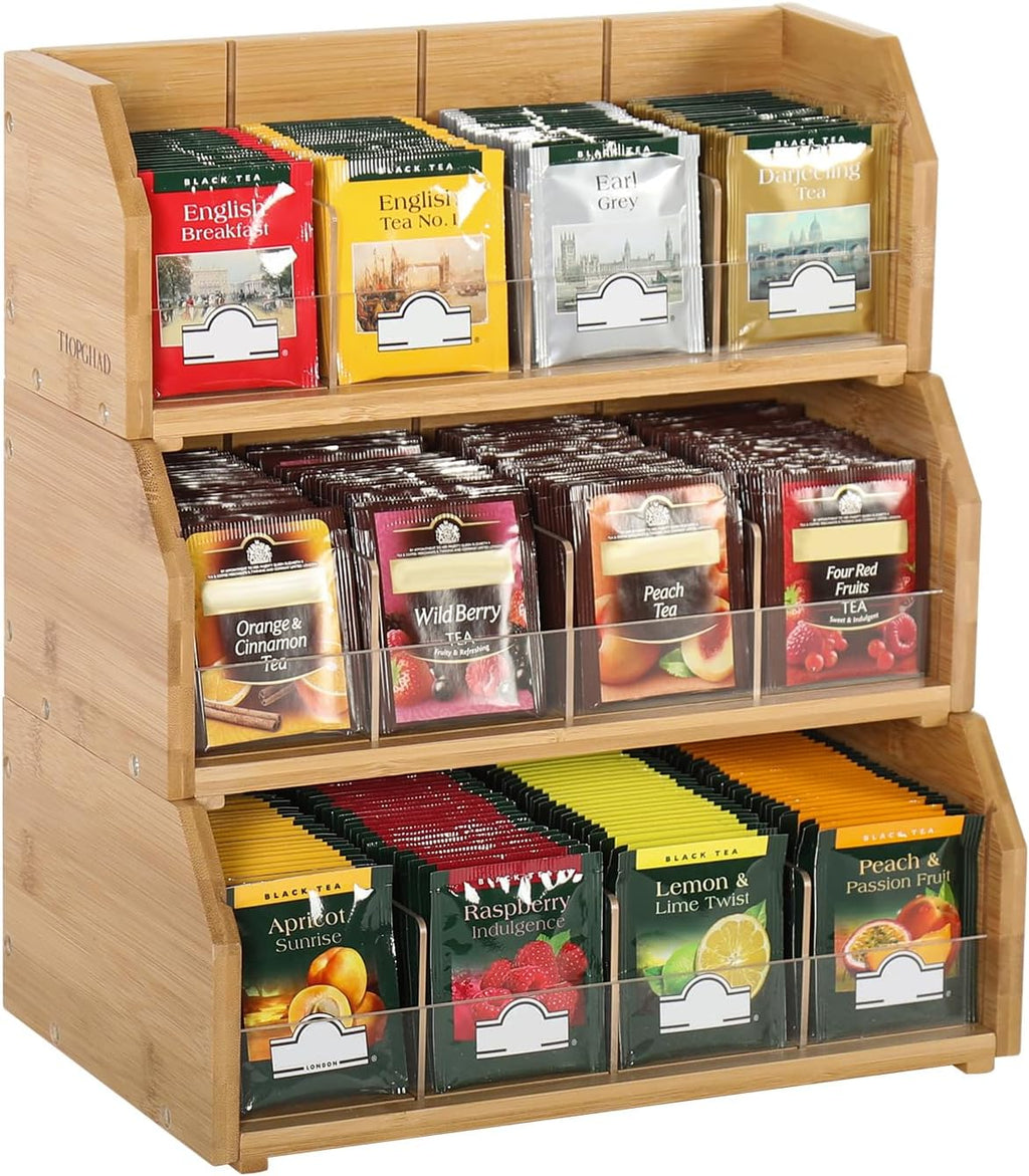 TIOPGHAD 3-Layer Stackable Bamboo Tea Bag Organizer Storage Holder, Natural | Holds 260 tea bags, Removable Compartments, Wood, Acrylic dividers, 12.2 x 7.5 x 13.8 in, for Cabinet, Countertop, Office