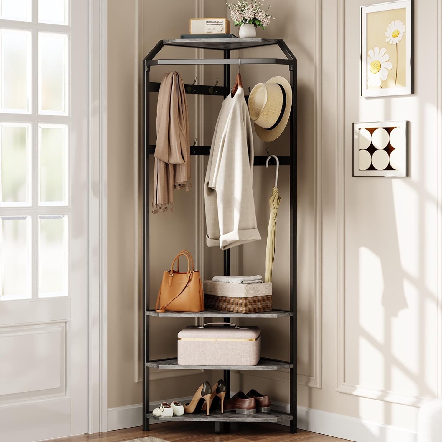 IDEALHOUSE Corner Coat Rack with Shoe Bench Entryway and 12 Double Hooks, Corner Hall Tree - Corner Clothes Rack with Storage Corner Tree with Organizer Shoe Bench Shelf for Entryway, Hallway, Closet