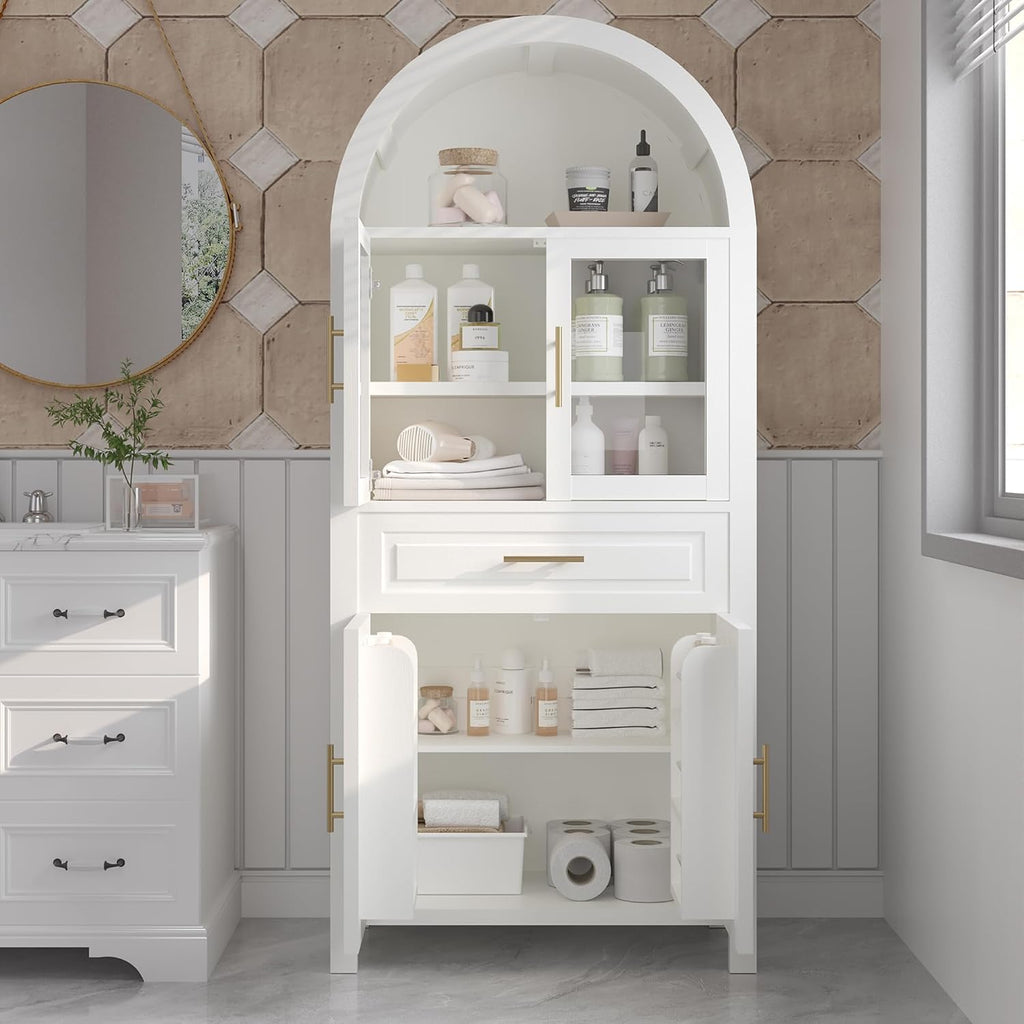 MERITLINE Farmhouse Style Arched Pantry Cabinet - 71" Tall Storage Cabinet with Glass Door, Adjustable Shelves & Barn Door Design for Kitchen, Dining or Living Room (White)