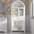 71" Tall Arched Farmhouse Pantry Cabinet with Glass Barn Door, Adjustable Shelves & Storage Racks, Rustic Freestanding Kitchen Cabinet for Living Room, Dining Room, Entryway, White