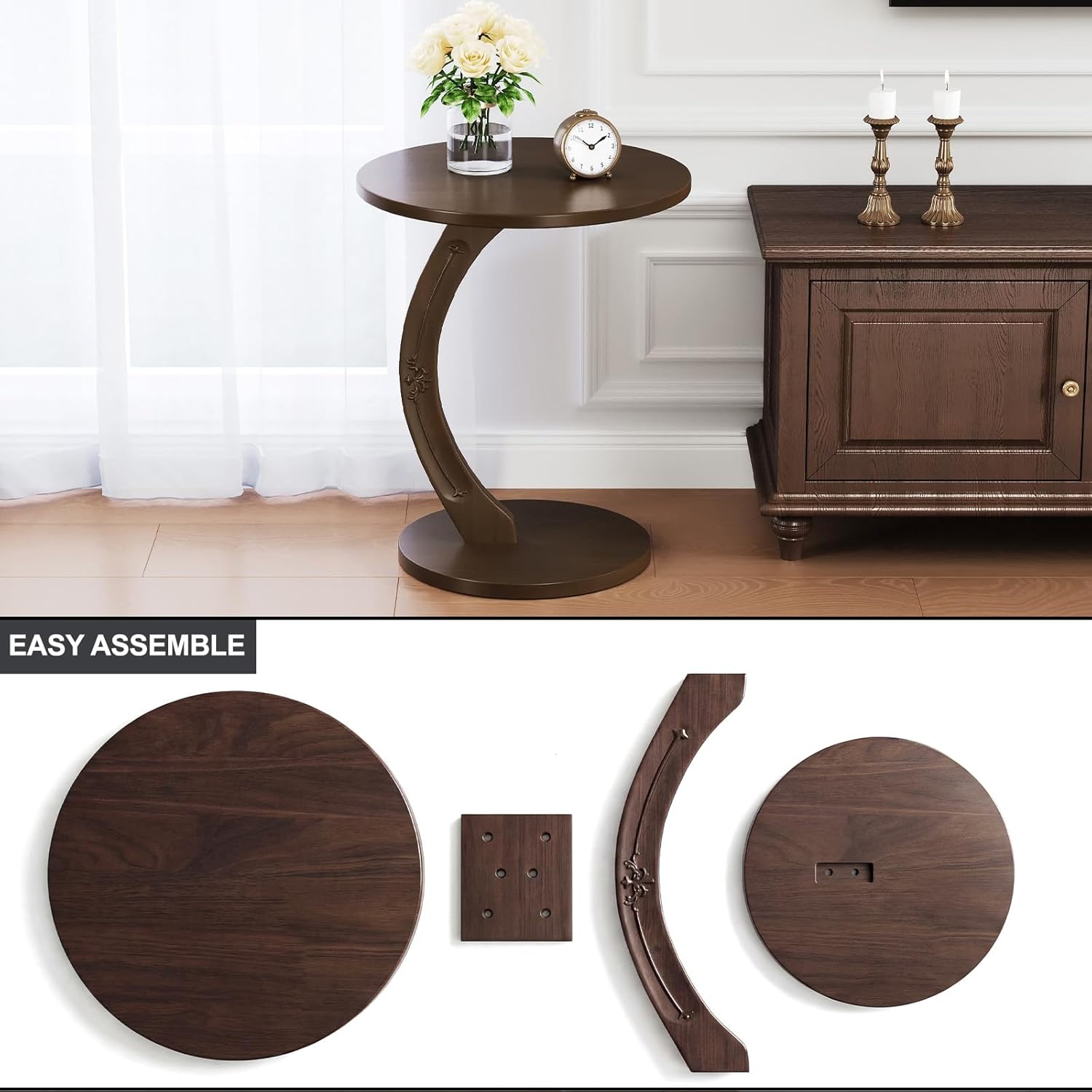 Round C-Shaped Side Table - Small C Shaped End Table for Couch/Sofa, Wood Couch Tables That Slide Under Beside, Space Saving Tables Tray for Living Room, Bedroom, Small Space (Dark Walnut)
