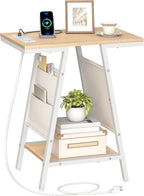 HOOBRO Side Table, Narrow End Table with 2-Tier Storage, Small Side Table with Charging Station, Fabric Pockets, Nightstand for Small Spaces, Living Room, Bedroom, White and Natural WN426UBZ01
