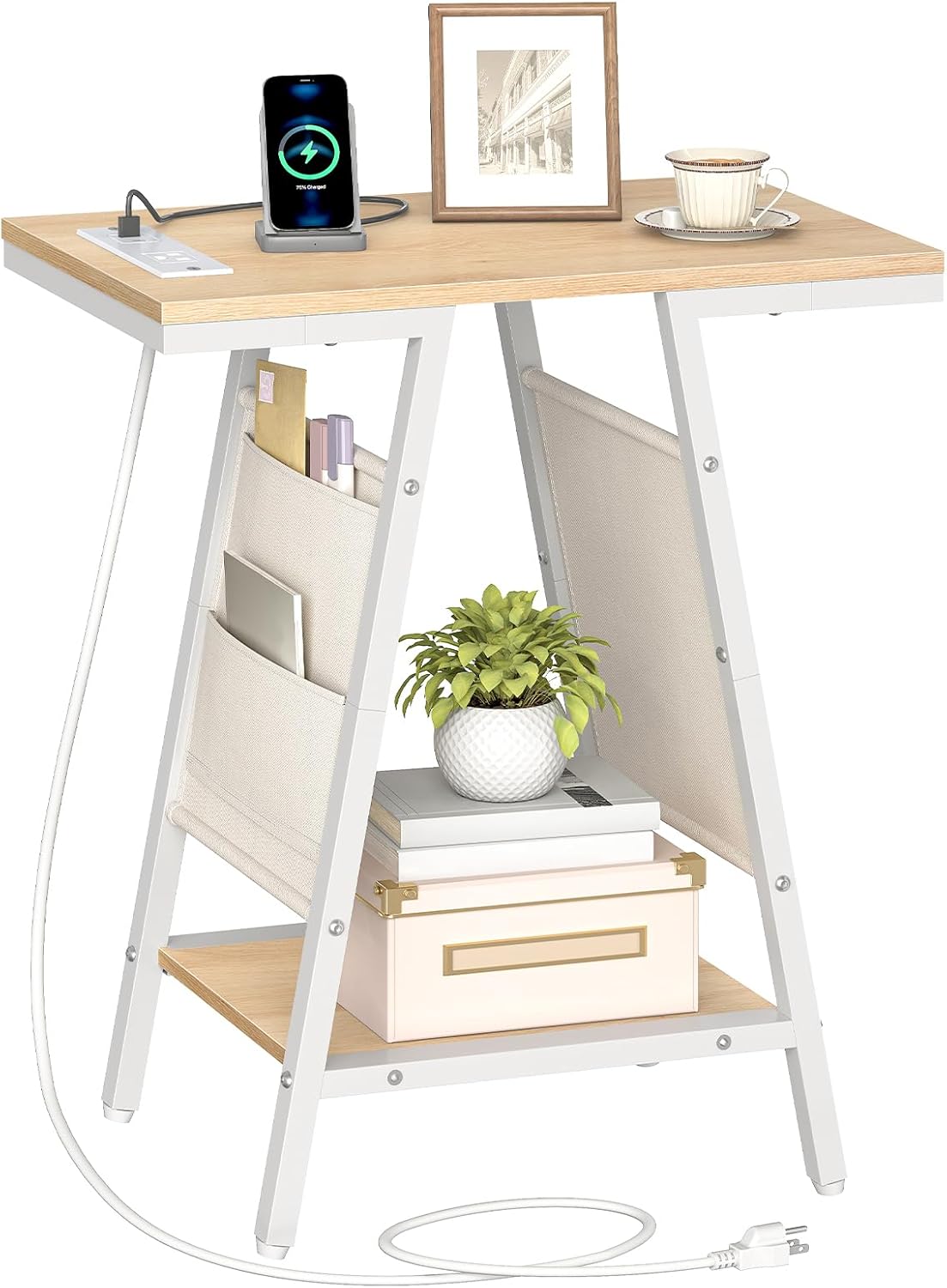 HOOBRO Side Table, Narrow End Table with 2-Tier Storage, Small Side Table with Charging Station, Fabric Pockets, Nightstand for Small Spaces, Living Room, Bedroom, White and Natural WN426UBZ01