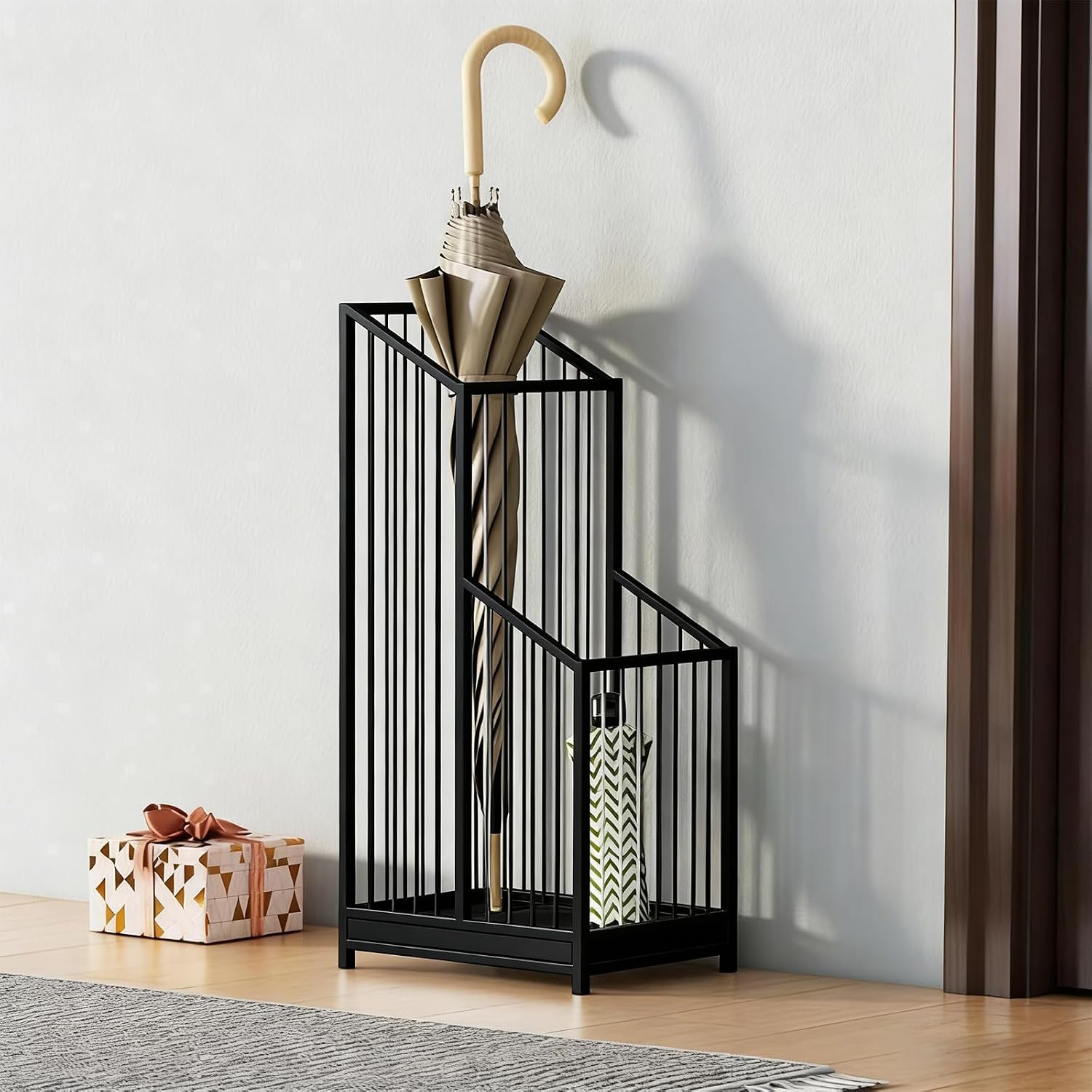 Umbrella Stand with Drip Tray, Black Indoor Umbrella Holder for Entryway, Hotel & Office Entrance, Minimalist Modern Home Decor, Durable & Space-Saving Umbrella Storage Rack