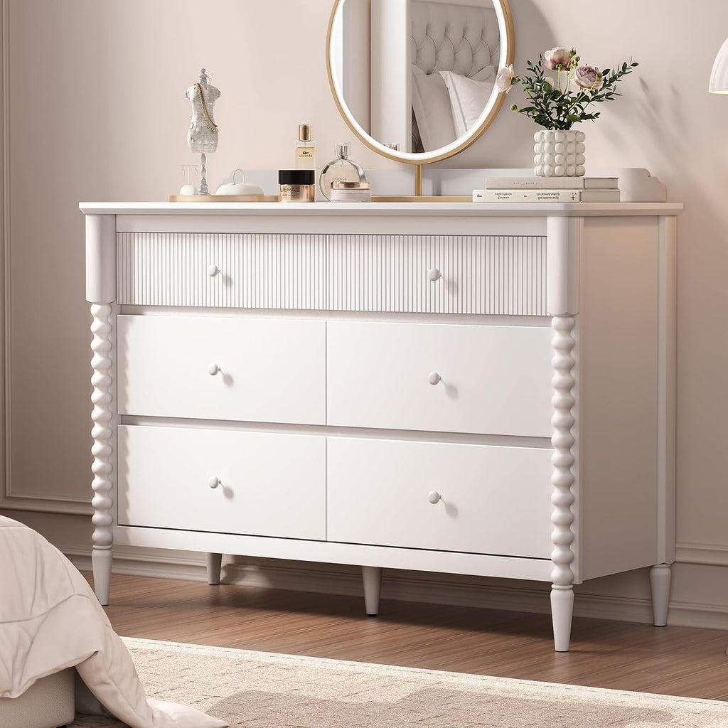 JOINICE White Nursery Dresser for Kids Bedroom, 6 Drawers for Storage | Jenny Lind Spindle Legs Dresser, Baby Clothes Organizer for Toddlers, Children's Room, Anti-tip Kit for Safety