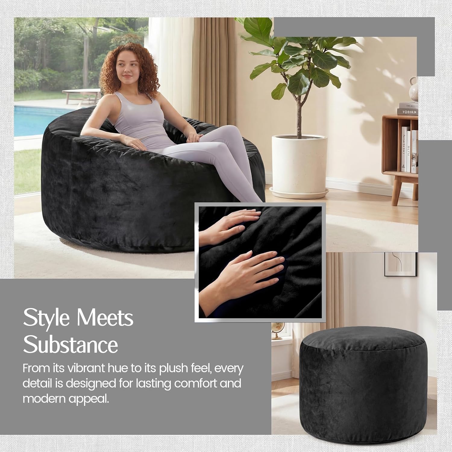 5FT Bean Bag Chair for Adults, Gaint Bean Bag with Filling, Memory Foam Bean Bags with Ultra Soft Washable Dutch Velvet Cover, Beanbag for Living Room, Bedroom and Gaming Room -5 Foot, Black