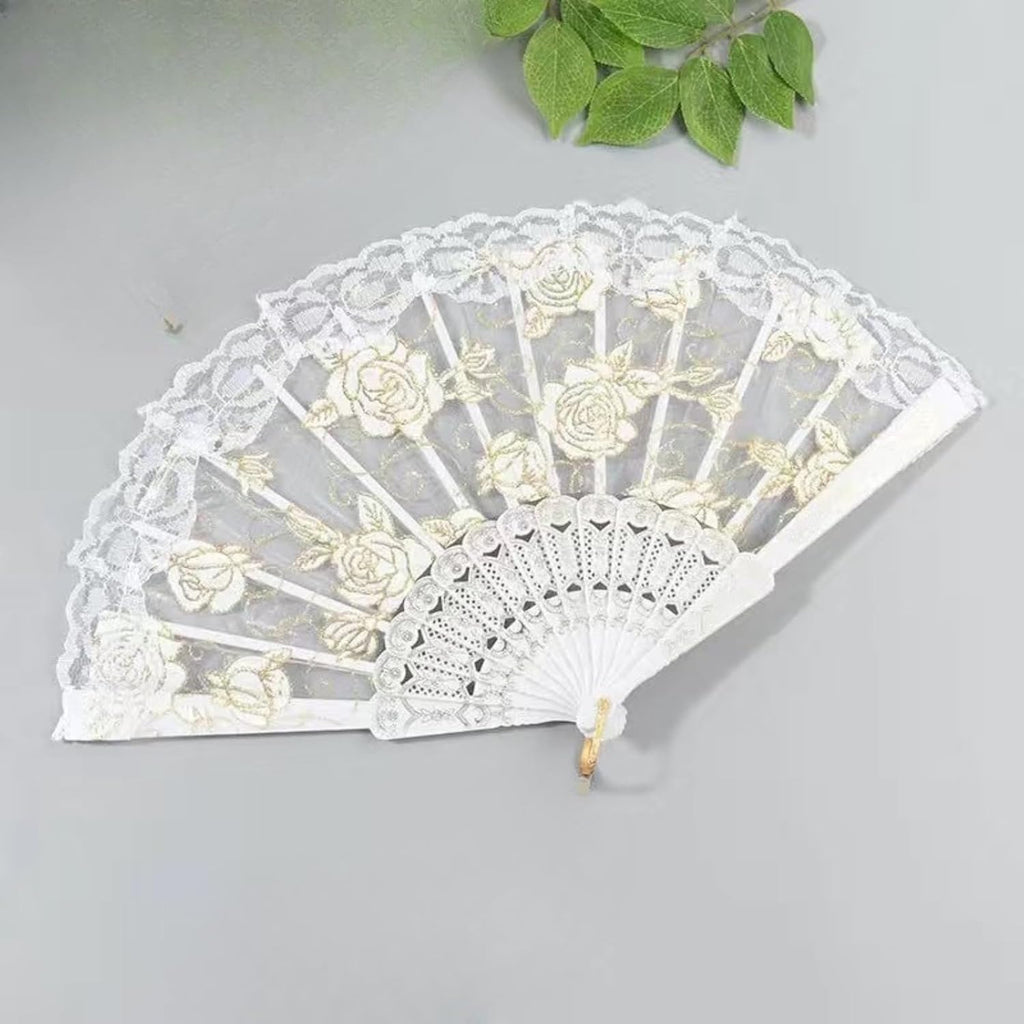 Lace Rose Folding Fan, Vintage Style Hand Fan with Gold Ribs, Lightweight Foldable Dance Fan for Decoration and Photos