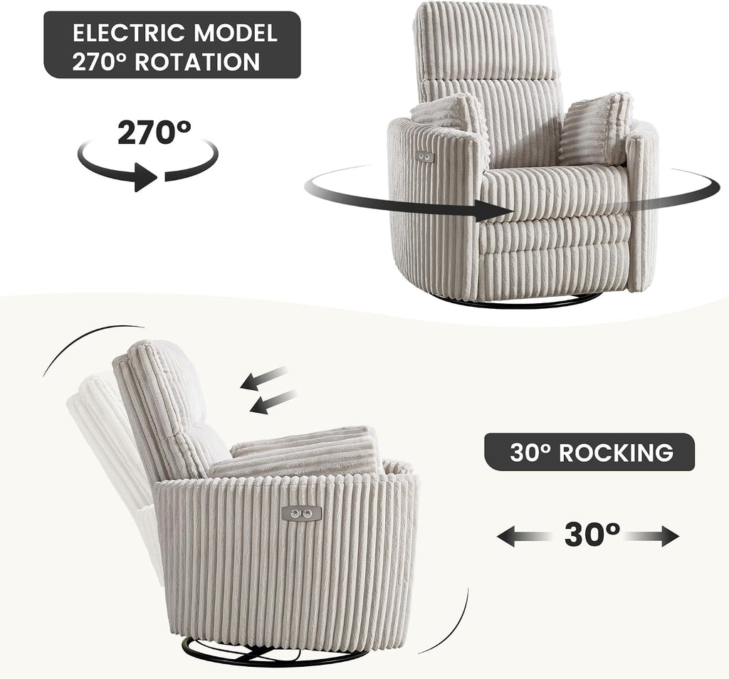 Power Recliner Nursery Swivel Rocking Glider Chair,Upholstered Adult Recliner Nursing Rocker Chair with USB Port with 2 Pillows for Nursery Living Room Bedroom(Lightgrey Corduroy,Power-Driven)