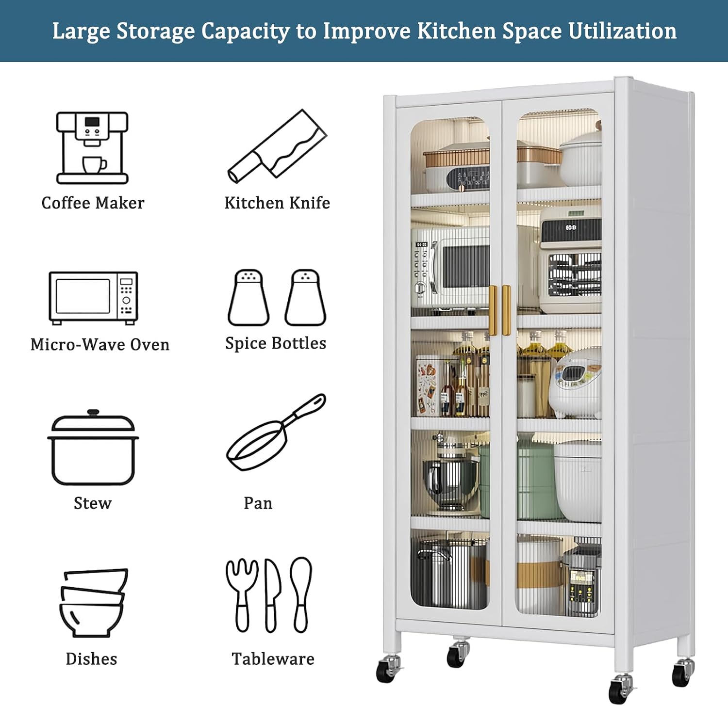 65" Kitchen Pantry Storage Cabinet 6 Tier Metal Display Storage Cabinet With Transparent Door Adjustable Shelves & Wheels Versatile Storage Food Upright Cabinets For Kitchen Dining Room White