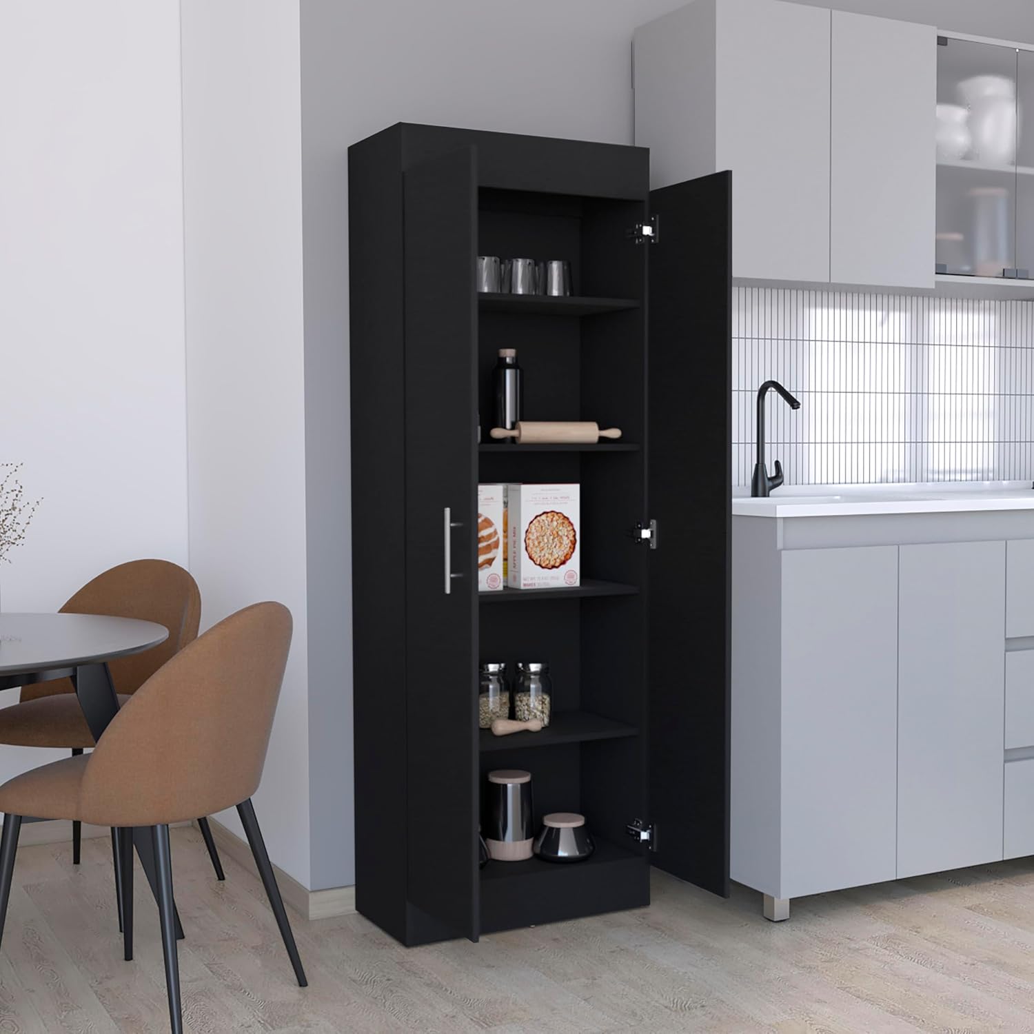 Modern Kitchen Pantry, Black Storage Cabinet with 2 Doors and Multiple Shelves, Engineered Wood, for Dining Room, Easy to Clean