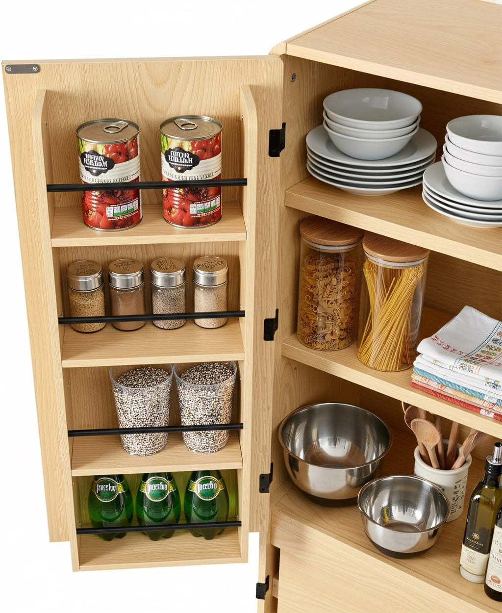 72" Tall Farmhouse Kitchen Pantry Cabinet with 8 Door Shelves,Curved Design Storage Cupboard with 3 Adjustable Shelves,Hidden Drawer,for Kitchen,Dining & Bathroom (Natural/H)