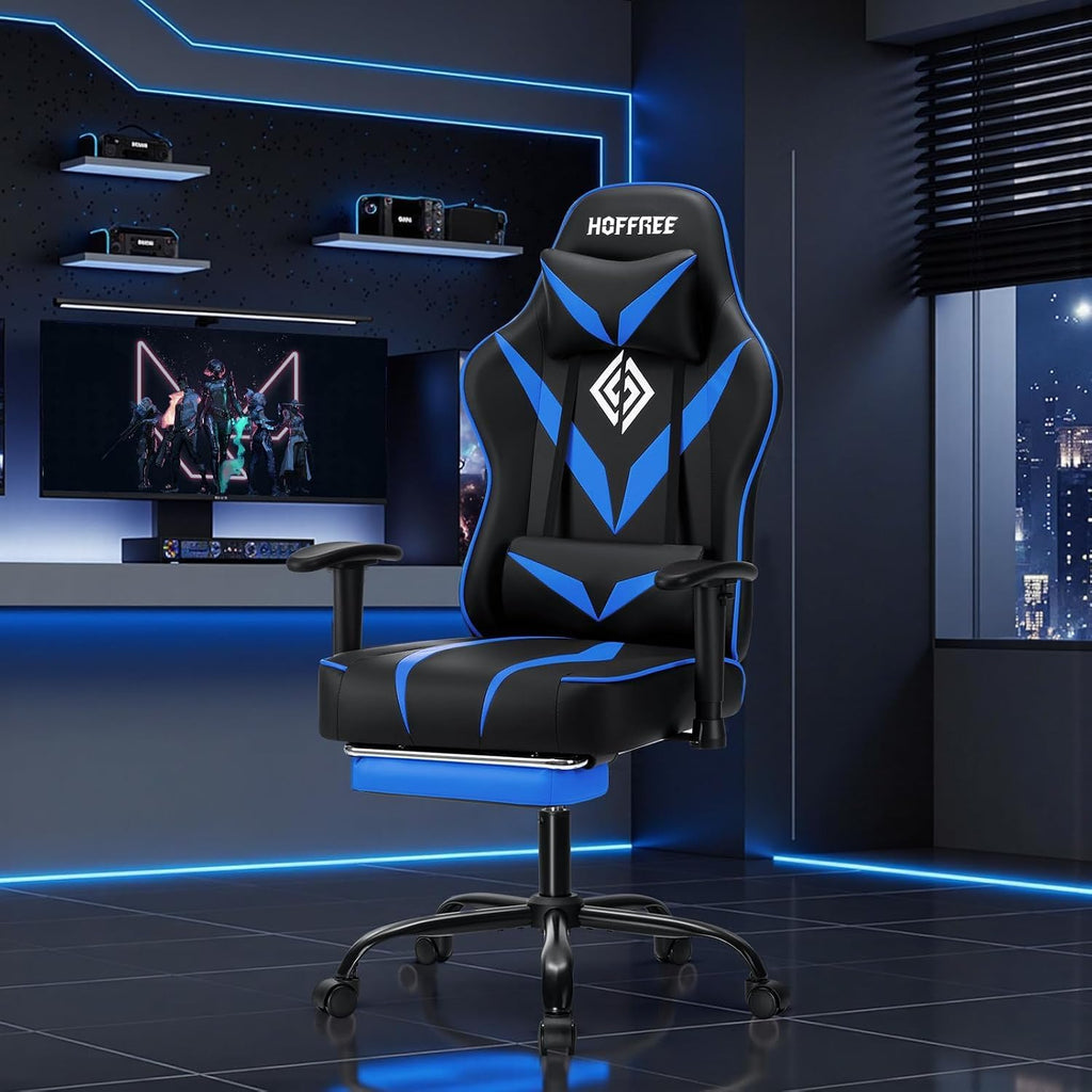Massage Gaming Chair 155°Reclining Computer Chair Ergonomic Game Chair-Blue | Adjustable Armrests,Footrest,Pocket Spring Cushion,Ergonomic Comfy,for Home/Office,for Kids/Adults,Multiple Colors Available
