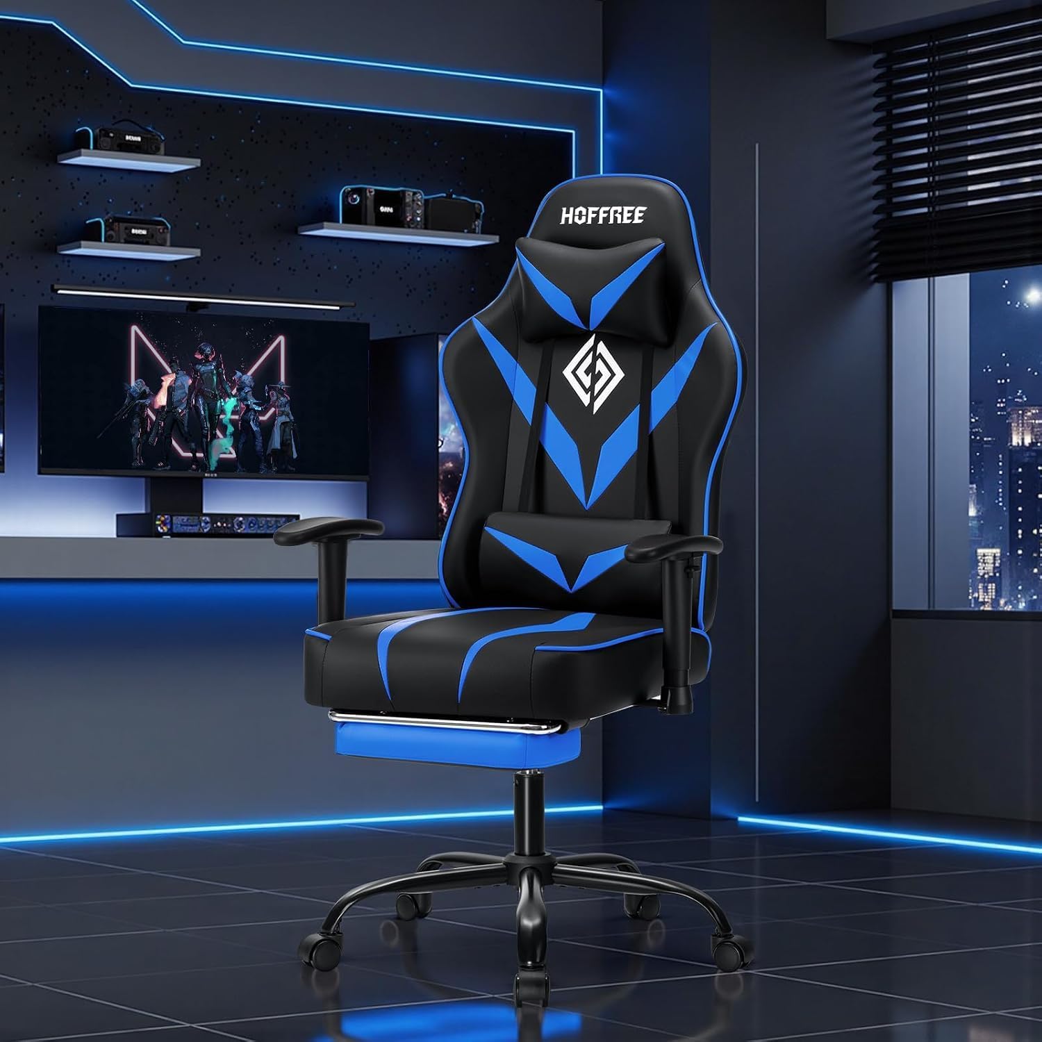 Massage Gaming Chair 155°Reclining Computer Chair Ergonomic Game Chair-Blue | Adjustable Armrests,Footrest,Pocket Spring Cushion,Ergonomic Comfy,for Home/Office,for Kids/Adults,Multiple Colors Available