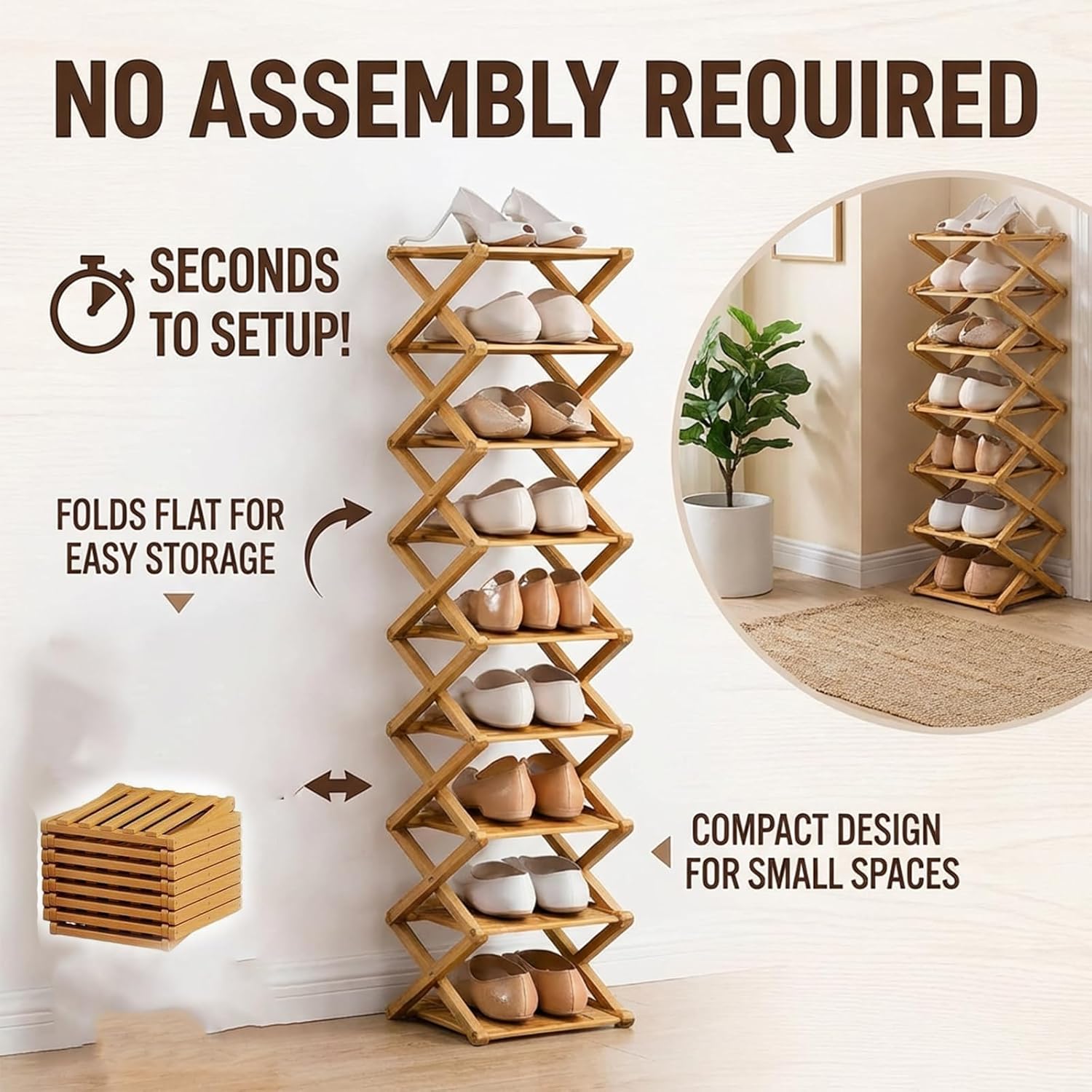 Foldable Shoe Rack, 9-Tier Bamboo Vertical Shoe Organizer, Narrow Space-Saving Shelf, No-Tools Assembly, Expandable Storage for Closet, Entryway, Corner, Bedroom (Brown, 6 Tire)