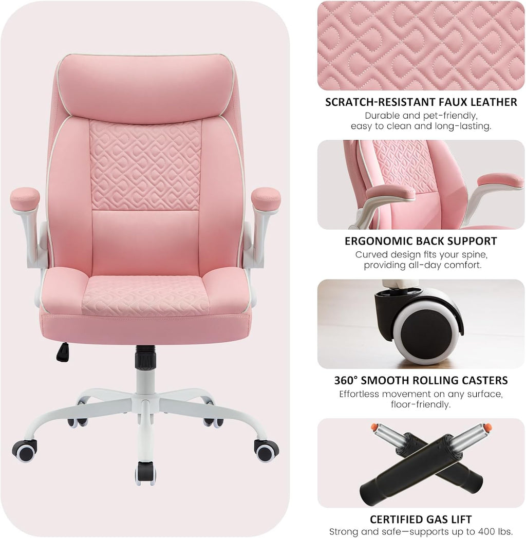 Leather Office Chair, Computer Desk Chair with Lumbar Support,Height Adjustment, Comfortable Excutive Task Chairs 400lbs with Padded Flip-up Armrests, Pink