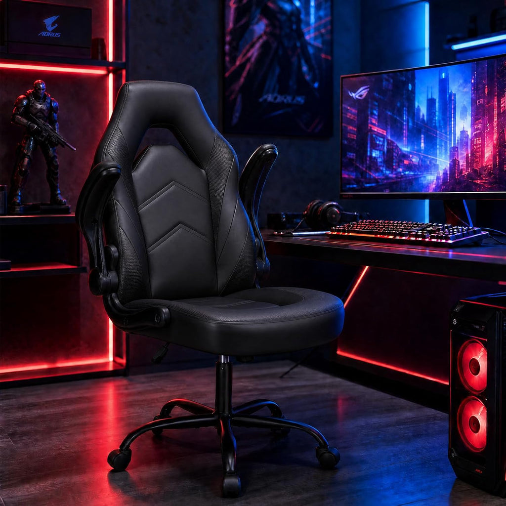 DUMOS Ergonomic Computer Gaming Chair - Home Office Desk with PU Leather Lumbar Support, Height Adjustable Big and Tall Video Game with Flip-up Armrest, Swivel Wheels for Adults, Black