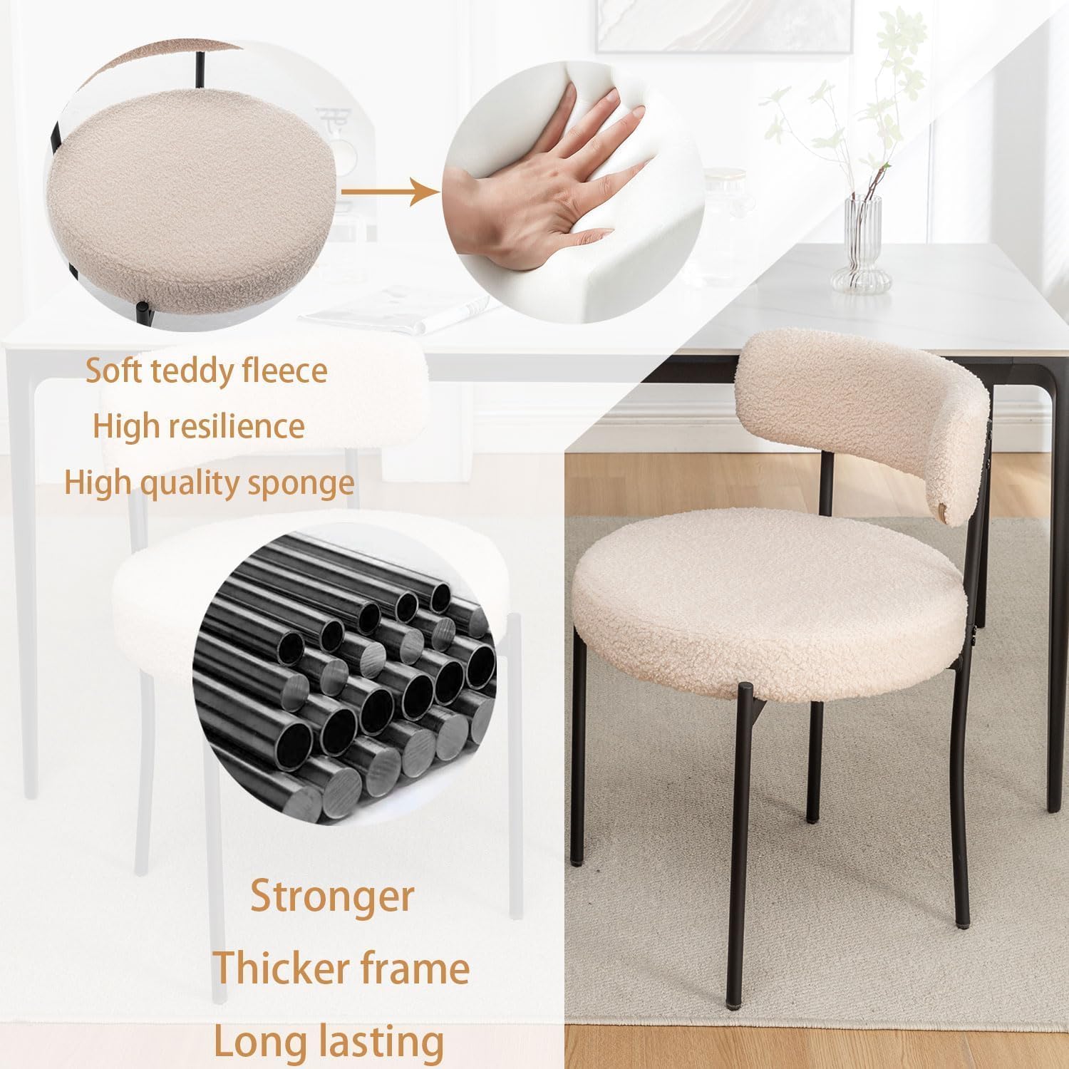 Riknuxi Boucle Dining Chairs Set of 4, Round Upholstered Dining Chairs with Black Metal Legs, Modern Dining Room Chairs for Dining Room, Kitchen