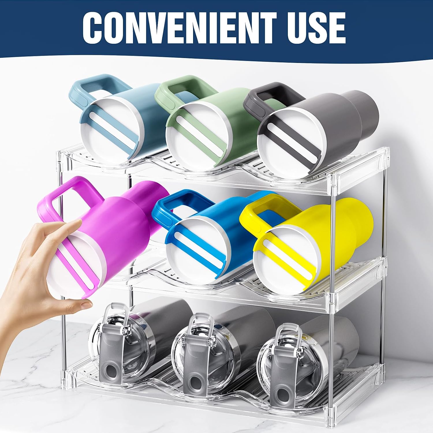 Stackable Water Bottle Organizer for Cabinet, Bottle and Other Tumbler Organizer for Kitchen Cabinets,Clear Stackable Water Bottle Holder and Wine Rack