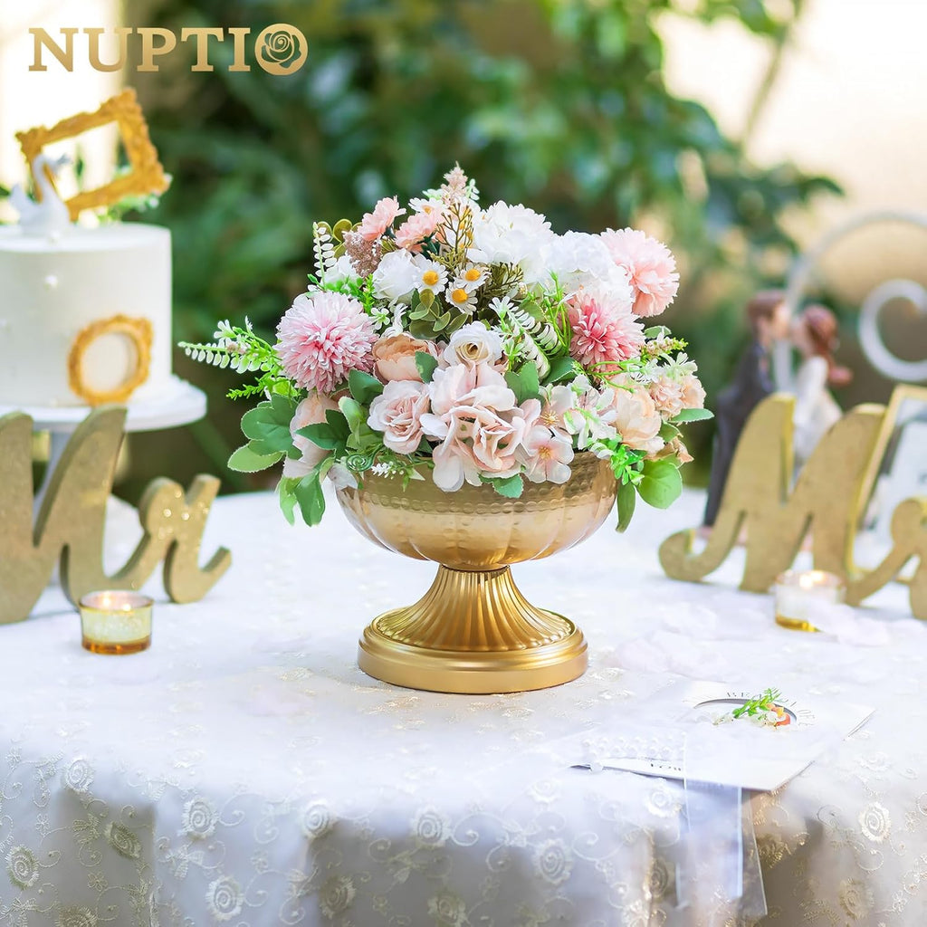 NUPTIO Gold Vases for Centerpieces Wedding: Hammered Brass Compote Vases for Small Flowers Arrangements - Metal Pedestal Bowl for Table Home Decor Set of 2