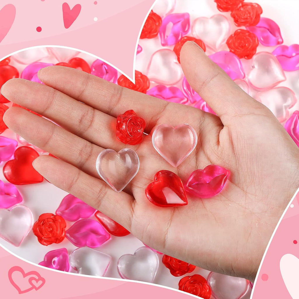 Deekin 240 Pcs Mini Heart Vase Filler Acrylic Table Scatter Heart Ornaments Mini Lips Small Rose Flower Beads Table Scatter for Engagement Wedding Anniversary Party