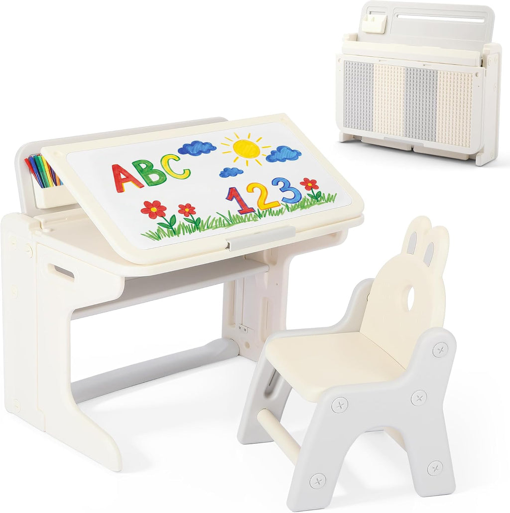 Kinder King Kids Table & Chair Set, Folding Children Activity Table w/Tilt Tabletop, Graffiti & Building Blocks, Book Stand, Storage, Toddler Furniture Set for Classroom, Daycare, Home, Age 3+, Beige