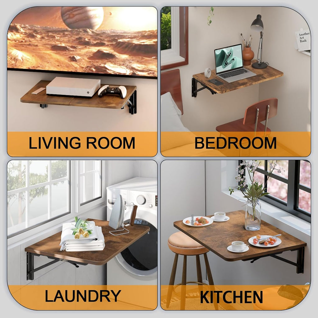 TEAMIX Wall Folding Table, Wall Mounted Floating Table Bedside Shelf for Small Space Bed Side Tray Storage, Foldable Space Saving Drop Leaf Desk for Bedroom, Living Room, Dorm 22''x15.7''(Brown)