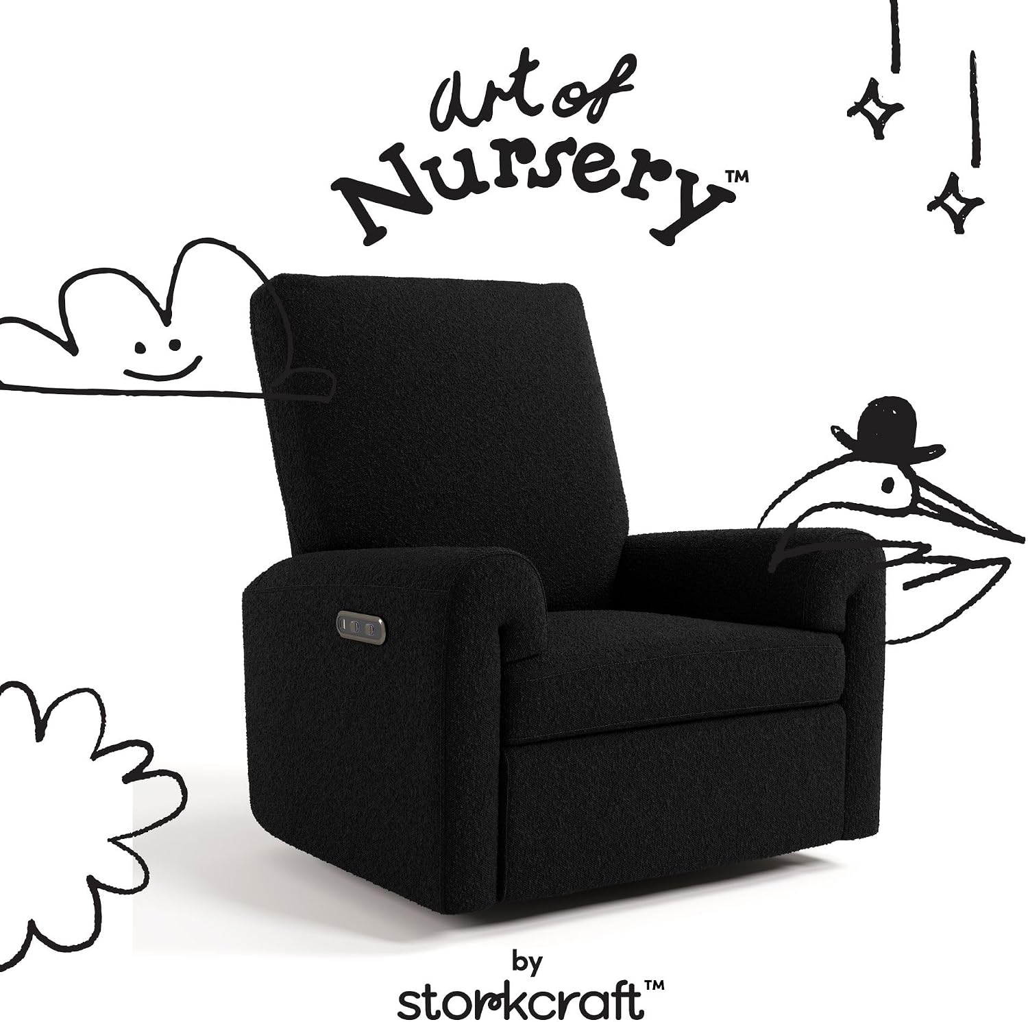 Storkcraft Sorrento Deluxe Power Recliner Swivel Glider – Premium Electronic Nursery Rocking Chair, Oeko-TEX 100 Certified, Includes Dual-USB Charging Port with USB-A & USB-C (Black Boucle)