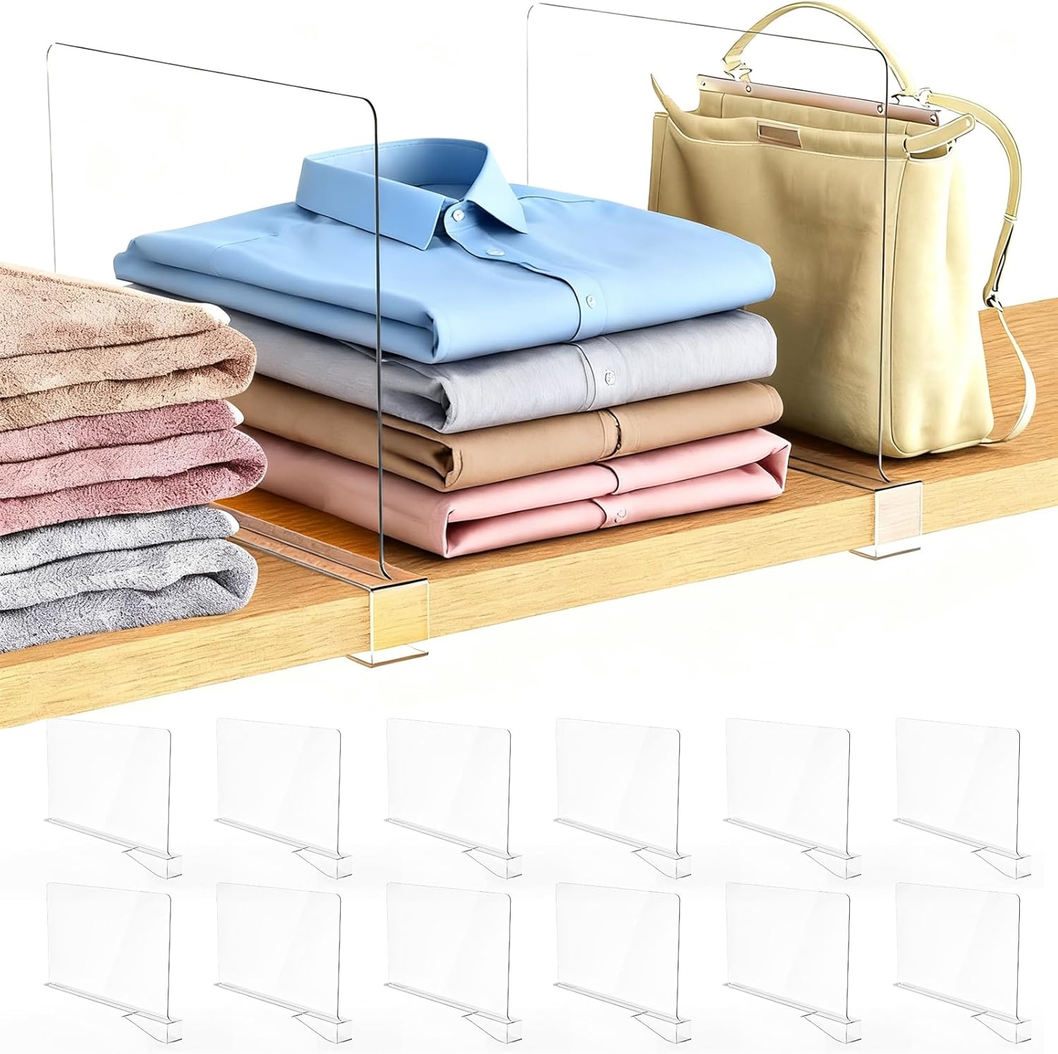 12 Pack Closet Shelf Dividers Organizer Purse Clothes Organization Acrylic Clear Tall Divider Separators for Wood Wire Thick Shelves Kitchen Office Bookshelf Storage Handbags Bag Sweater