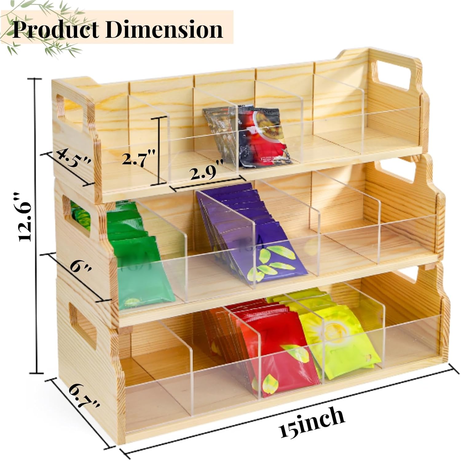 ZAVOOS Tea Bag Organizer, 3 Tier Large Stackable Tea Station Storage Box with 15 Compartments, Wooden Teabag Holder Sugar Packets Chest with Acrylic Divider for Kitchen, Countertop, Cabinet, Pantry