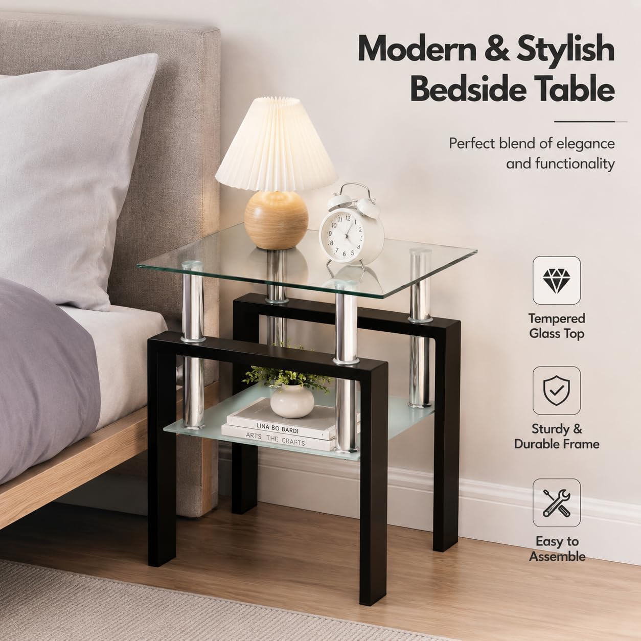 Meihua Glass End Table, Square Glass Side Table, 2-Tier Modern Nightstand with Metal Legs for Living Room&Bedroom (Transparent, 1pc)