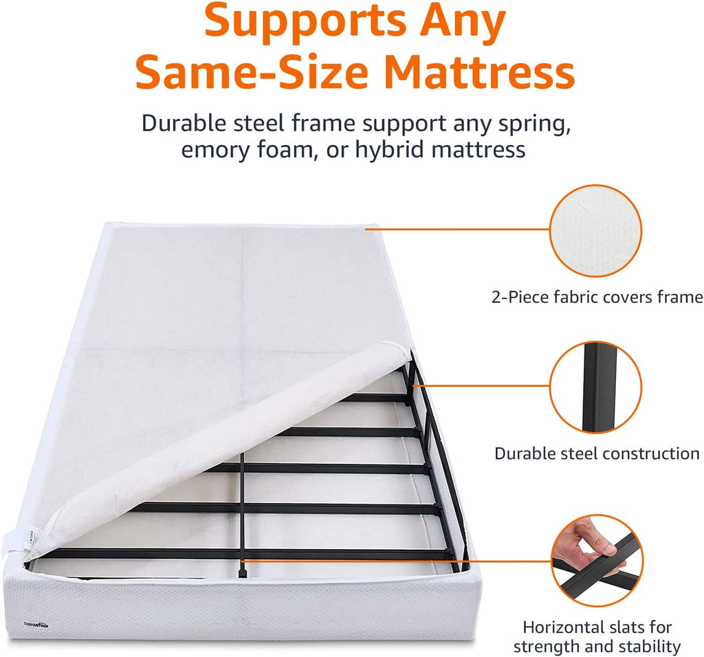 Amazon Basics Smart Box Spring Bed Base, 5-Inch Low Profile Height Mattress Foundation, Sturdy Durable Steel Support, Tool-Free Easy Assembly, Queen, 79" x 59.5" x 5", White