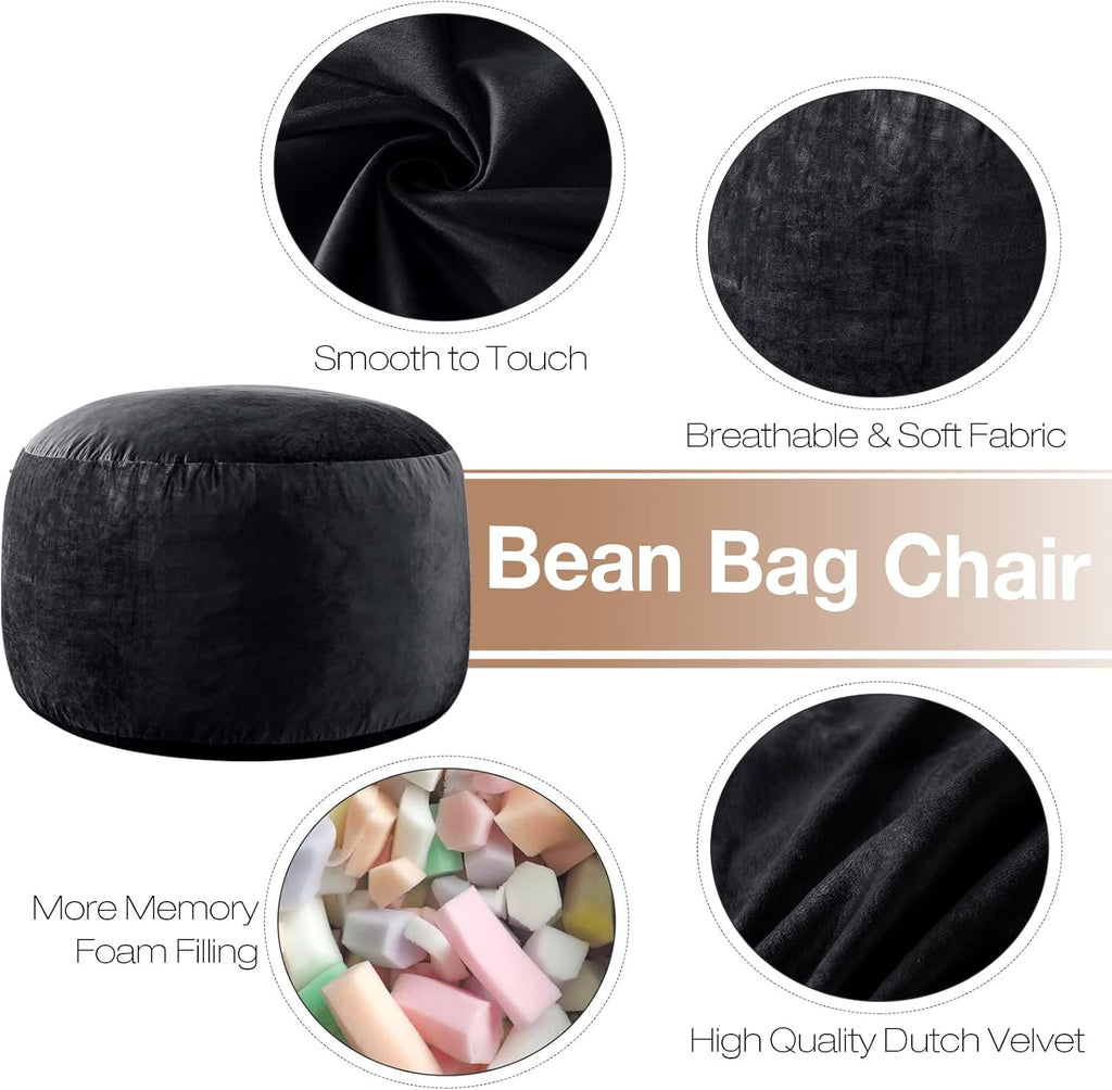 SHOUREN 3 Ft Bean Bag Chair,Memory Foam Bean Bag Chairs for Adults,Bean Bag Sofa for Living Room,Beanbag with Filler Included,Soft Velvet Fabric,Pull-Handle - 3 Foot,Black