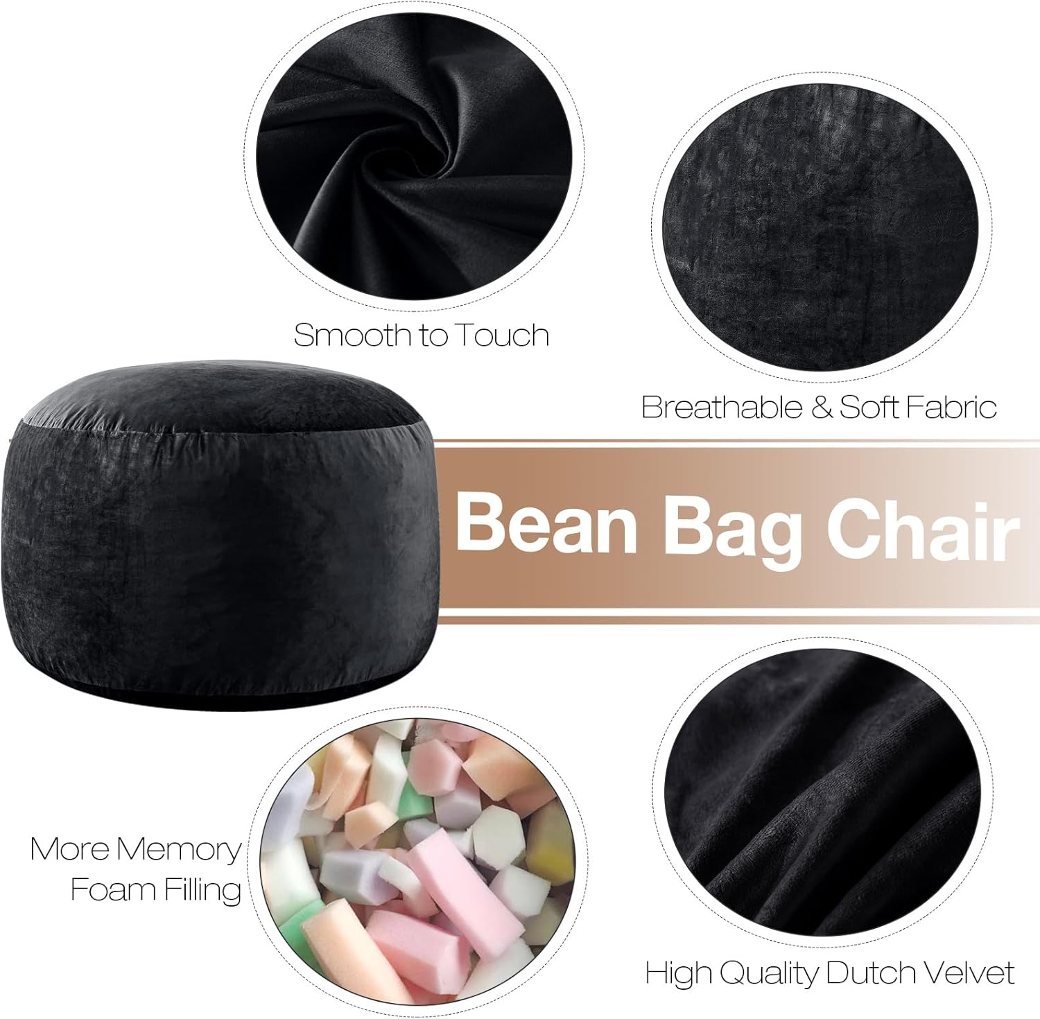 SHOUREN 3 Ft Bean Bag Chair,Memory Foam Bean Bag Chairs for Adults,Bean Bag Sofa for Living Room,Beanbag with Filler Included,Soft Velvet Fabric,Pull-Handle - 3 Foot,Black