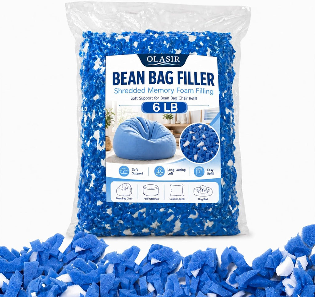 Bean Bag Filler, 6lbs Shredded Memory Foam Filling, Memory Foam Pillow Stuffing for Bean Bag Refill, Couch, Cushion, Stuffed Animals, Dog Bed, Arts Crafts,Blue and White