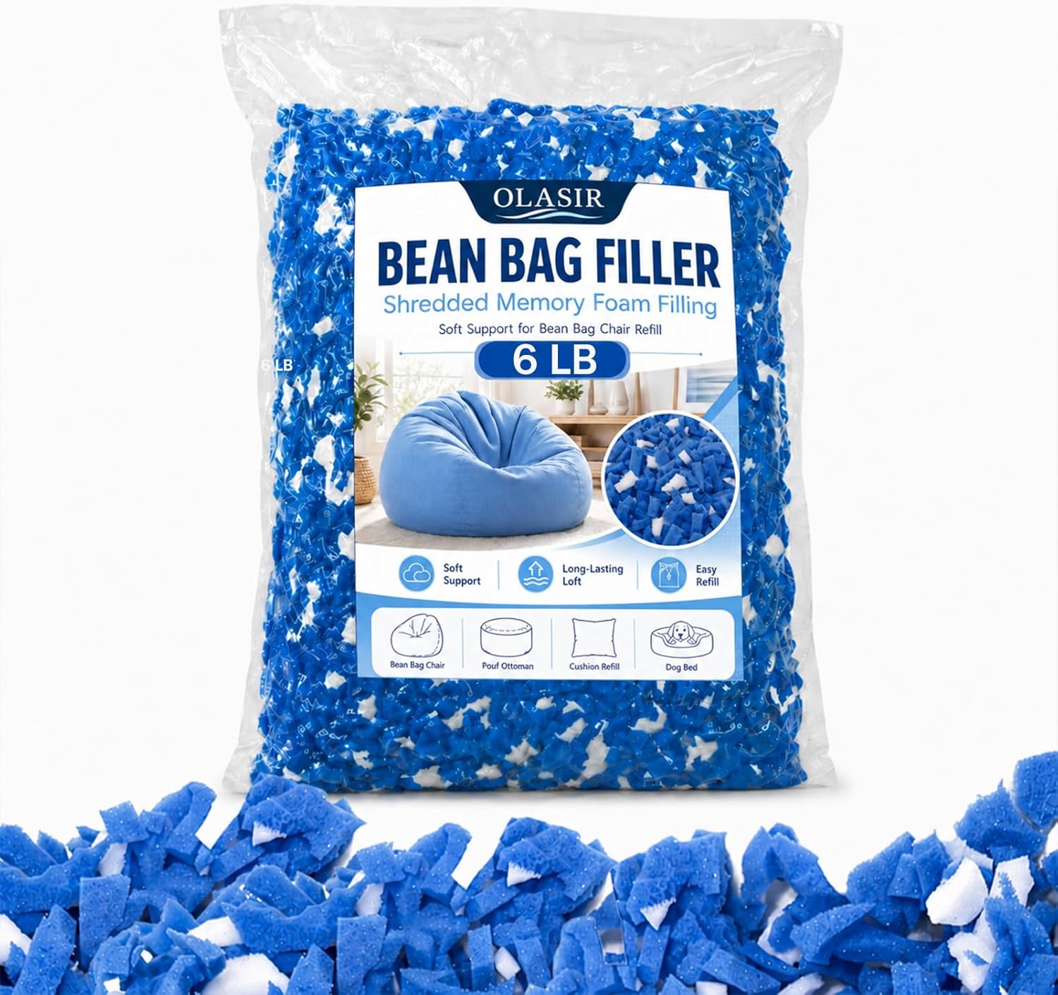 Bean Bag Filler, 6lbs Shredded Memory Foam Filling, Memory Foam Pillow Stuffing for Bean Bag Refill, Couch, Cushion, Stuffed Animals, Dog Bed, Arts Crafts,Blue and White