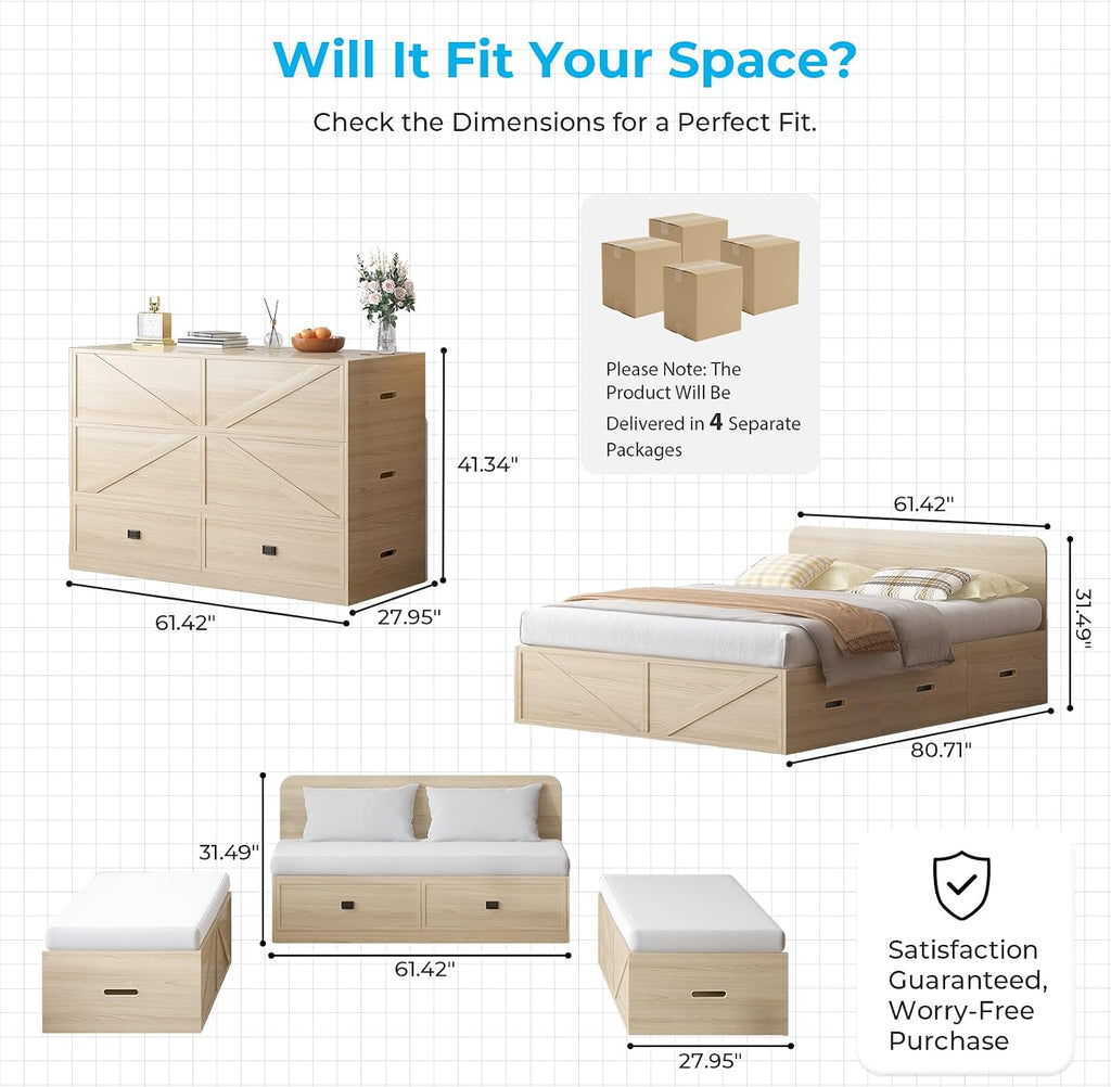 Mjkone Murphy Bed, Cabinet Beds Queen Size with Mattress Included, 3-in-1 Convertible Sofa Furniture Sets, Hidden Chest Bed with Storage Drawers, Guest Sleeper Beds for Small Room, Apartment - Wood
