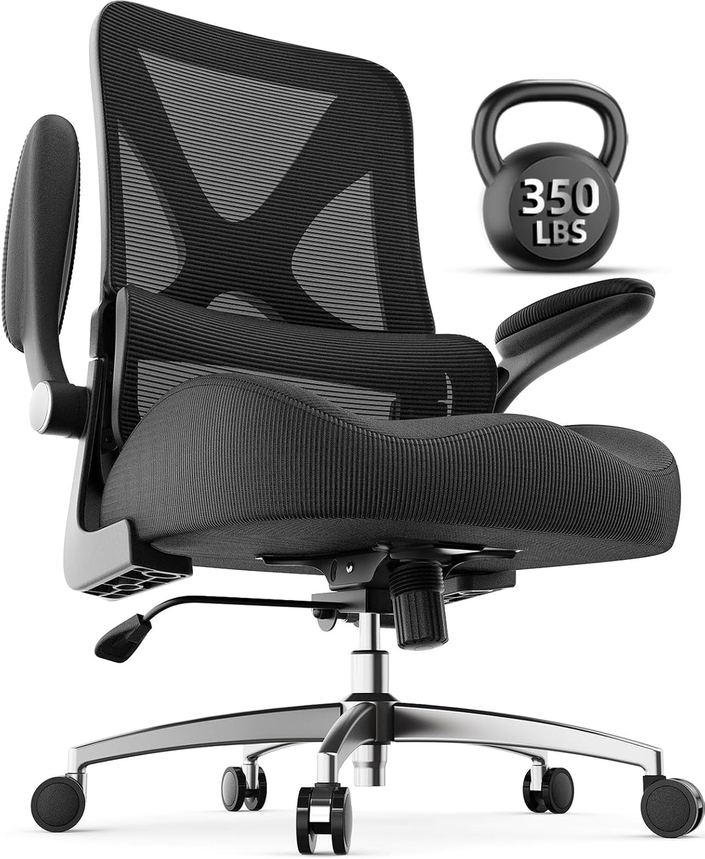 Ergonomic Chair - 350lbs Capacity for Big & Tall with 4.8" Thickened Seat Cushion, Sacral Lumbar Support and Flip-Up Arms for Home Office