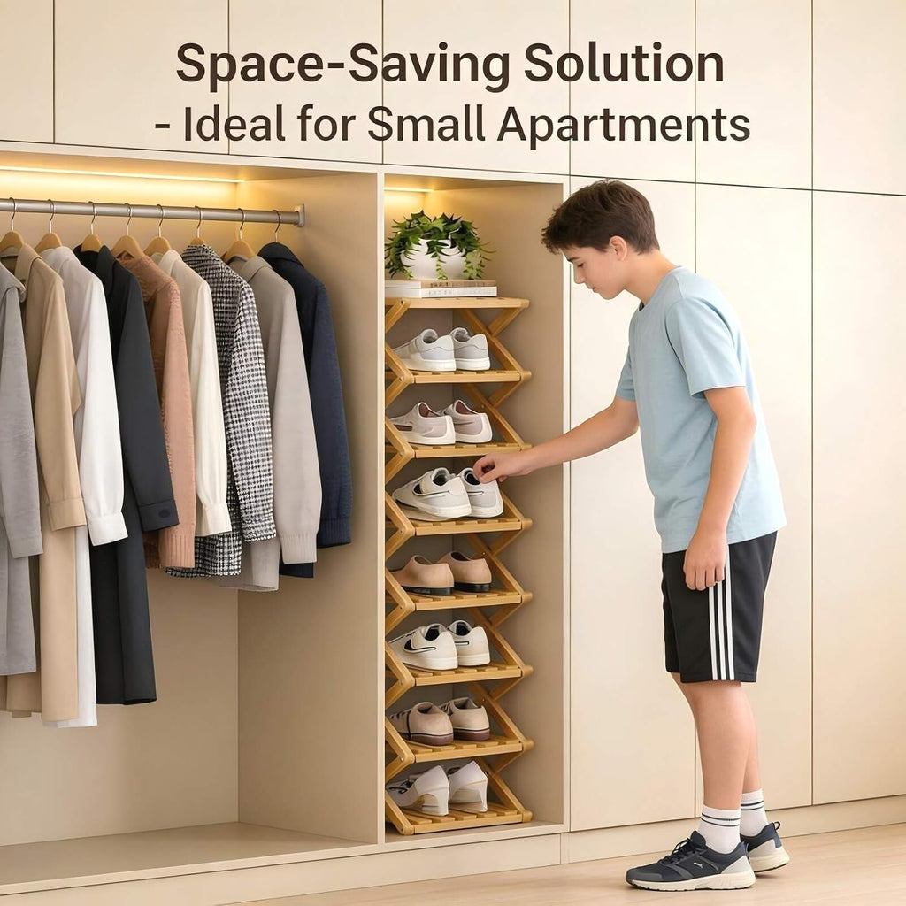 9-Tier Foldable Bamboo Shoe Rack - Slim Corner Shelf Portable Organizer with Tool-Free Setup for Entryway, Closet, Bedroom, Under-Bed Storage