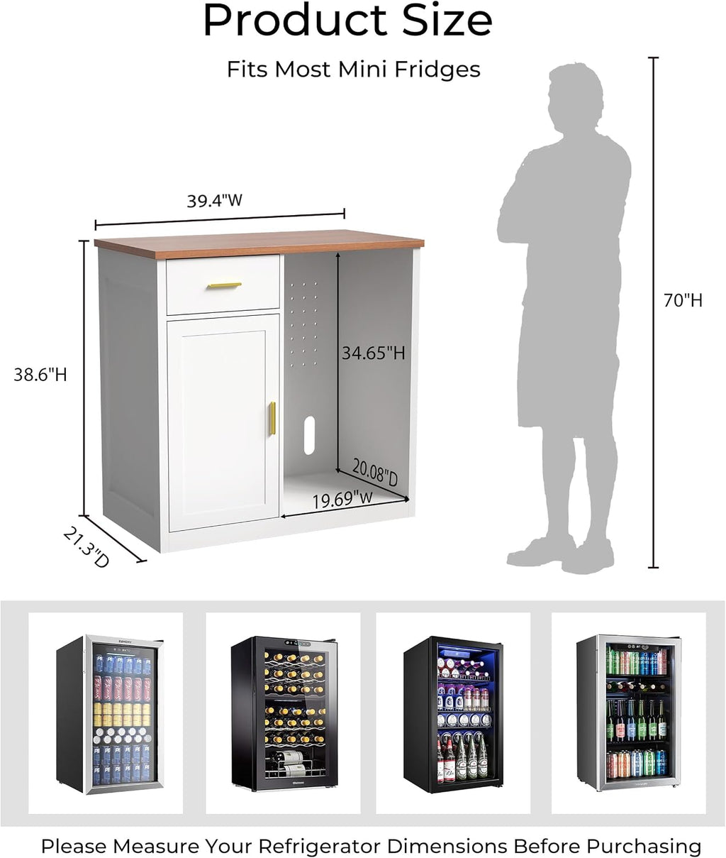 Coffee Bar Cabinet with Fridge Space, Bar Cabinet for Mini Fridge, Wine & Liquor Cabinet with Drawer and Storage, Modern Buffet Sideboard for Living Room, Dining Room or Home Bar, White