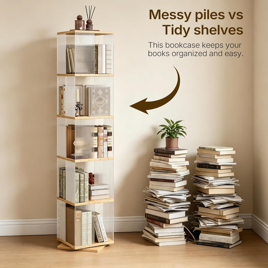 YATINEY 5-Tier Rotating Bookshelf, 360 Spinning Bookcase Tower, Corner Bookshelf with Clear Acrylic Sides, Tall Narrow Space-Saving Bookcase for Bedroom, Living Room, Office, Square, Natural SJ13WN