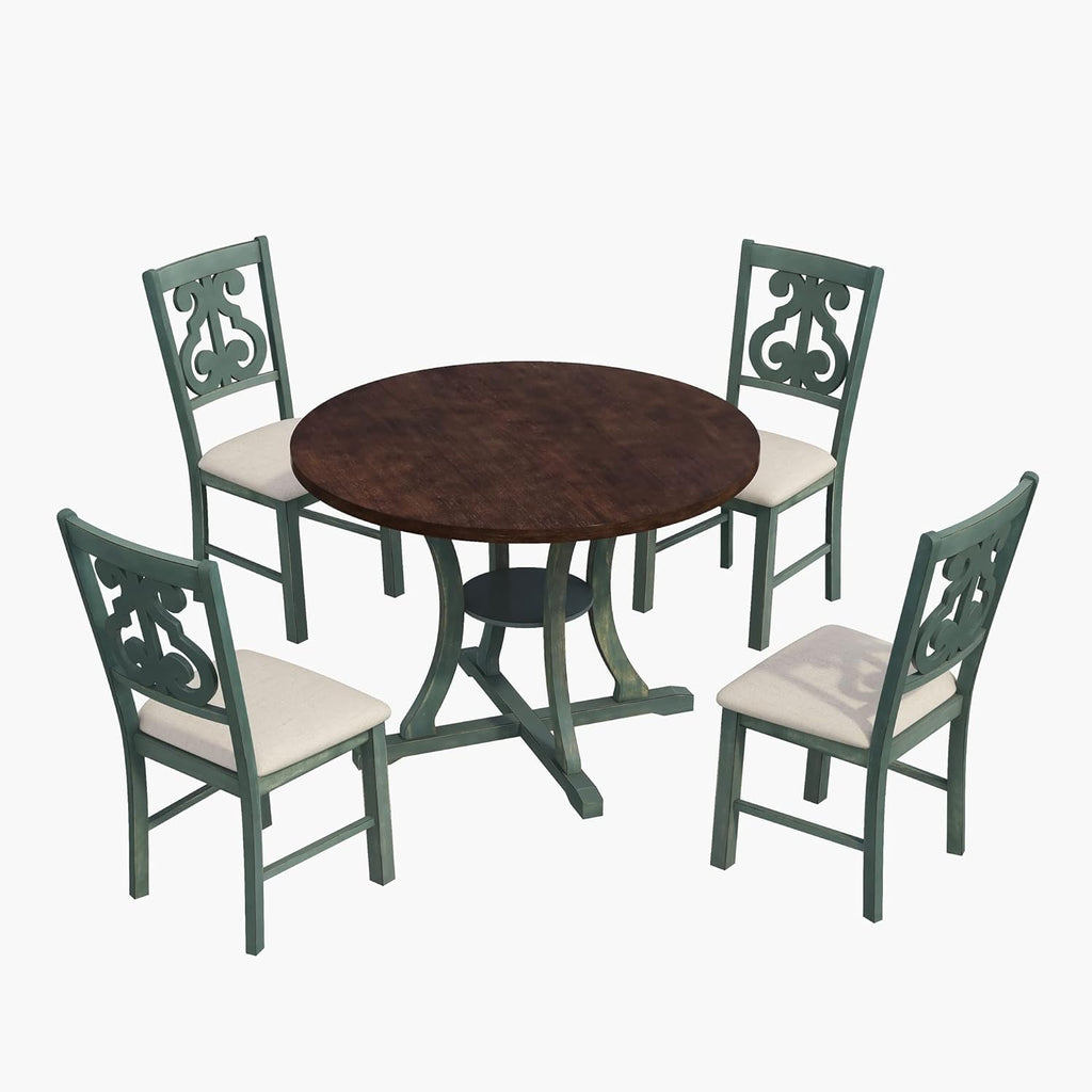 Merax 5 Piece Round Dining Table Set 4 Retro Chairs with Special-Shaped Table Legs, Exquisitely Designed Hollow Chair Back for Dining Room, Antique Blue
