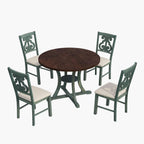 Merax 5 Piece Round Dining Table Set 4 Retro Chairs with Special-Shaped Table Legs, Exquisitely Designed Hollow Chair Back for Dining Room, Antique Blue