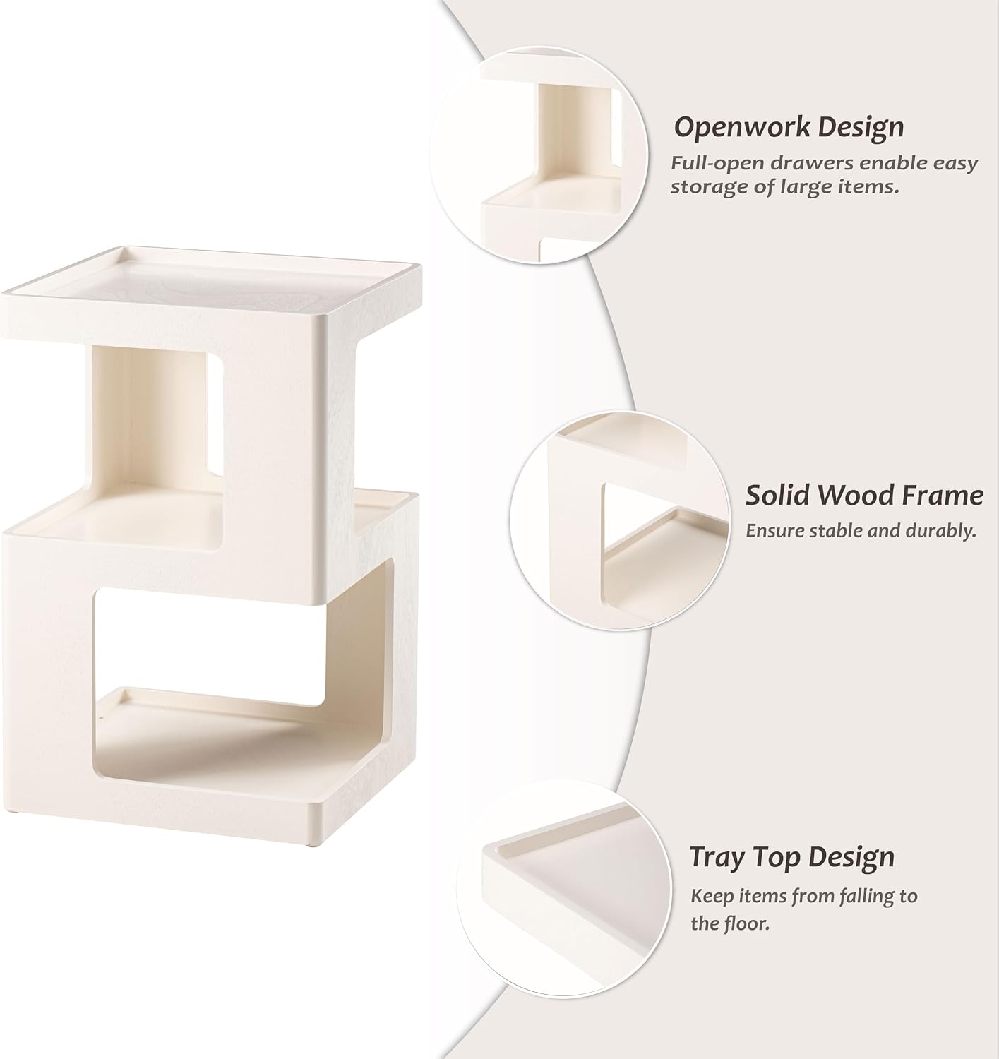 COZAYH Farmhouse Geometric Wood End Table, Distressed Accent Side Table with Two Storage Space, 3-Layer Cube Design for Bedroom, Living Room, Entryway, White